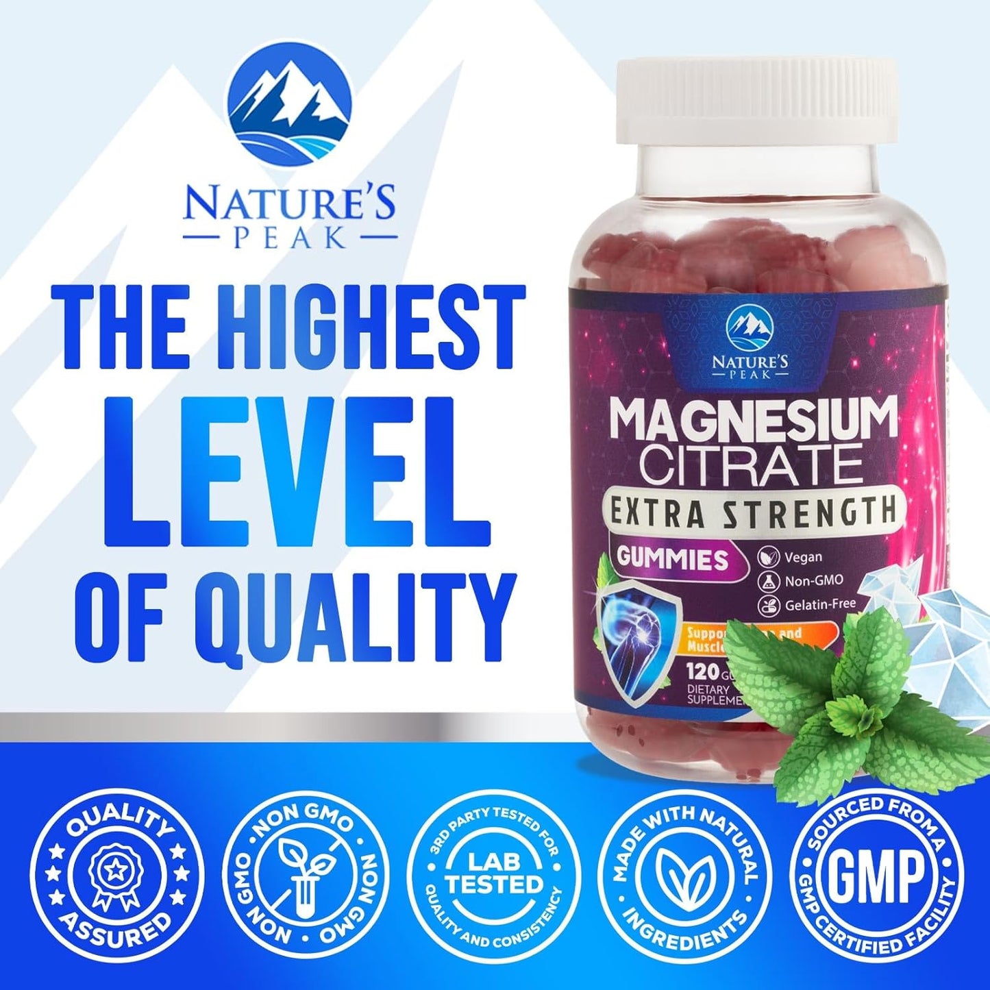 High Absorption Magnesium Citrate Gummies for Adults & Kids - Bone, Muscle, Heart Support - Vegan, Gluten Free - 120 Gummies