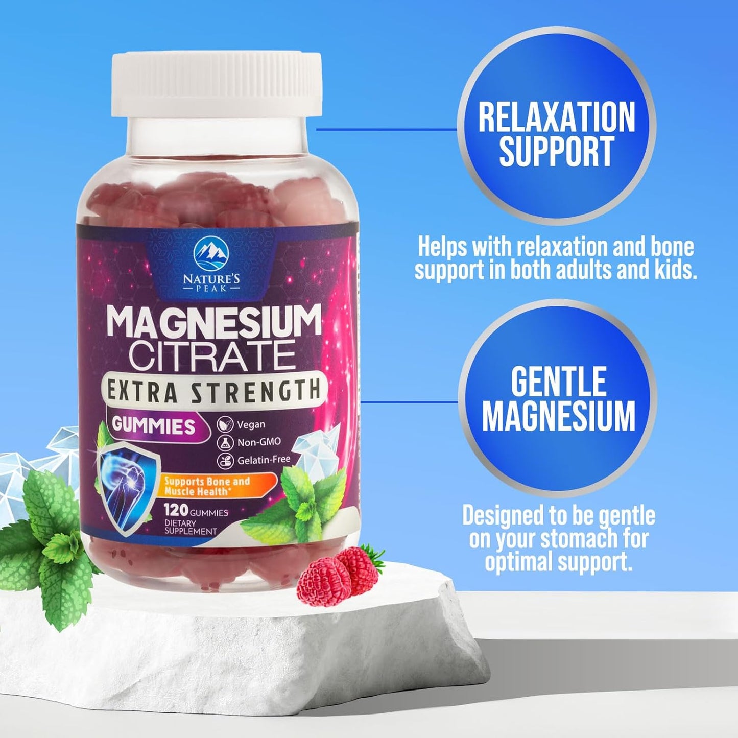 High Absorption Magnesium Citrate Gummies for Adults & Kids - Bone, Muscle, Heart Support - Vegan, Gluten Free - 120 Gummies