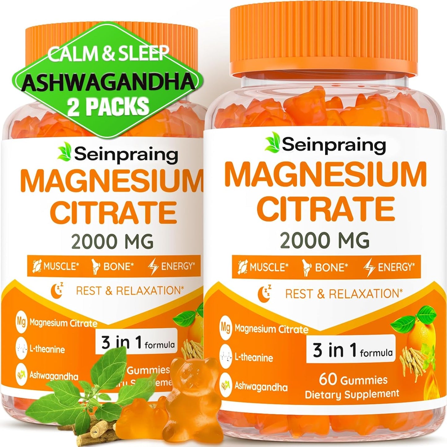 High Absorption Magnesium Citrate Gummies with Ashwagandha - 2000mg for Adults - Supports Sleep, Bone Health, Muscle Relaxation - 120 Gummies