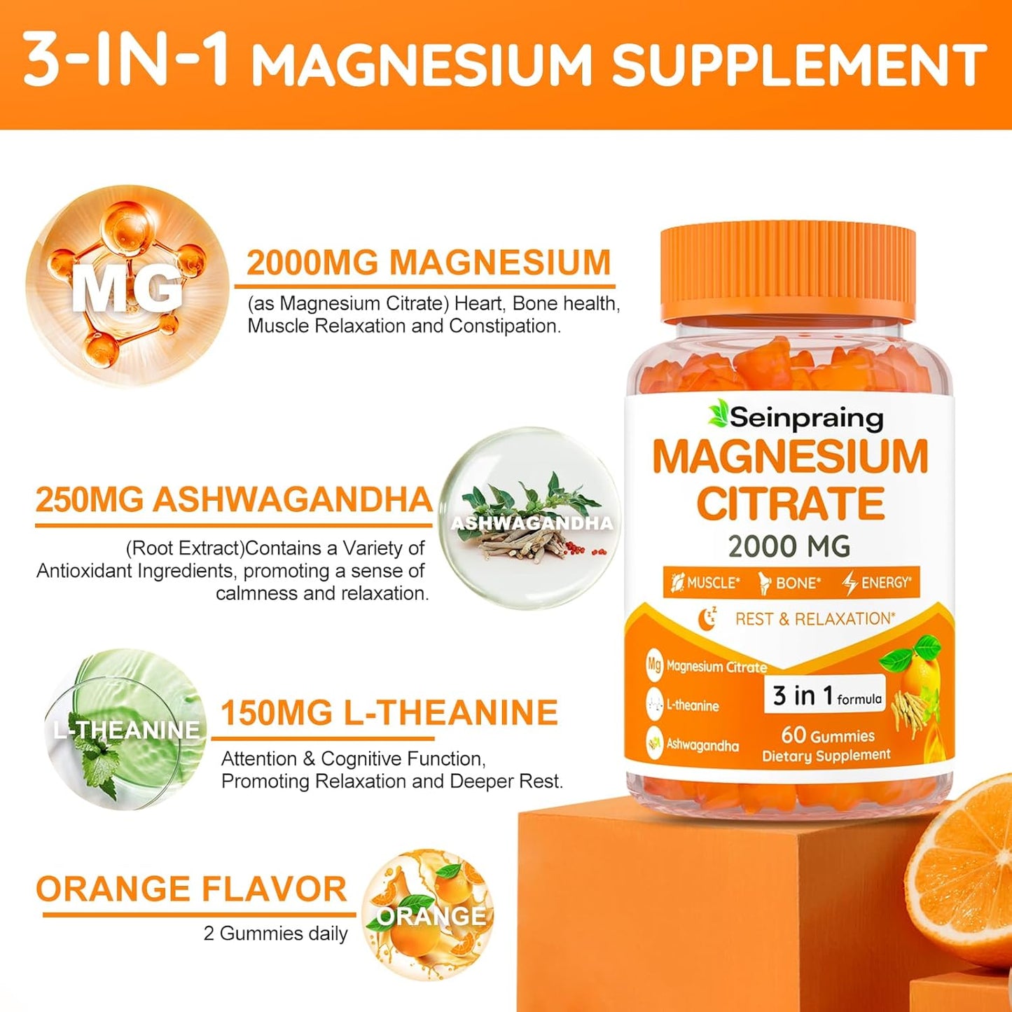High Absorption Magnesium Citrate Gummies with Ashwagandha - 2000mg for Adults - Supports Sleep, Bone Health, Muscle Relaxation - 120 Gummies