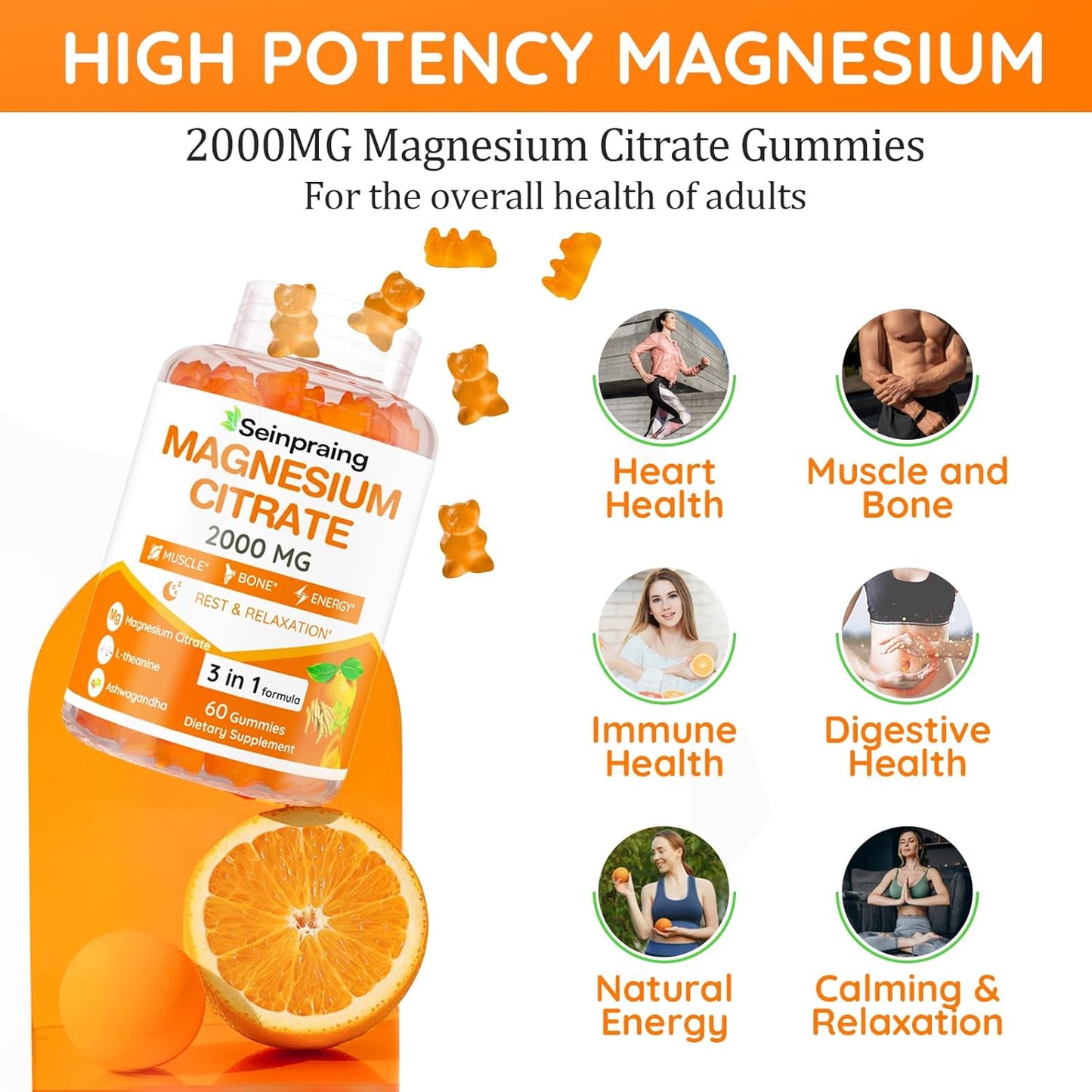 High Absorption Magnesium Citrate Gummies with Ashwagandha - 2000mg for Adults - Supports Sleep, Bone Health, Muscle Relaxation - 120 Gummies