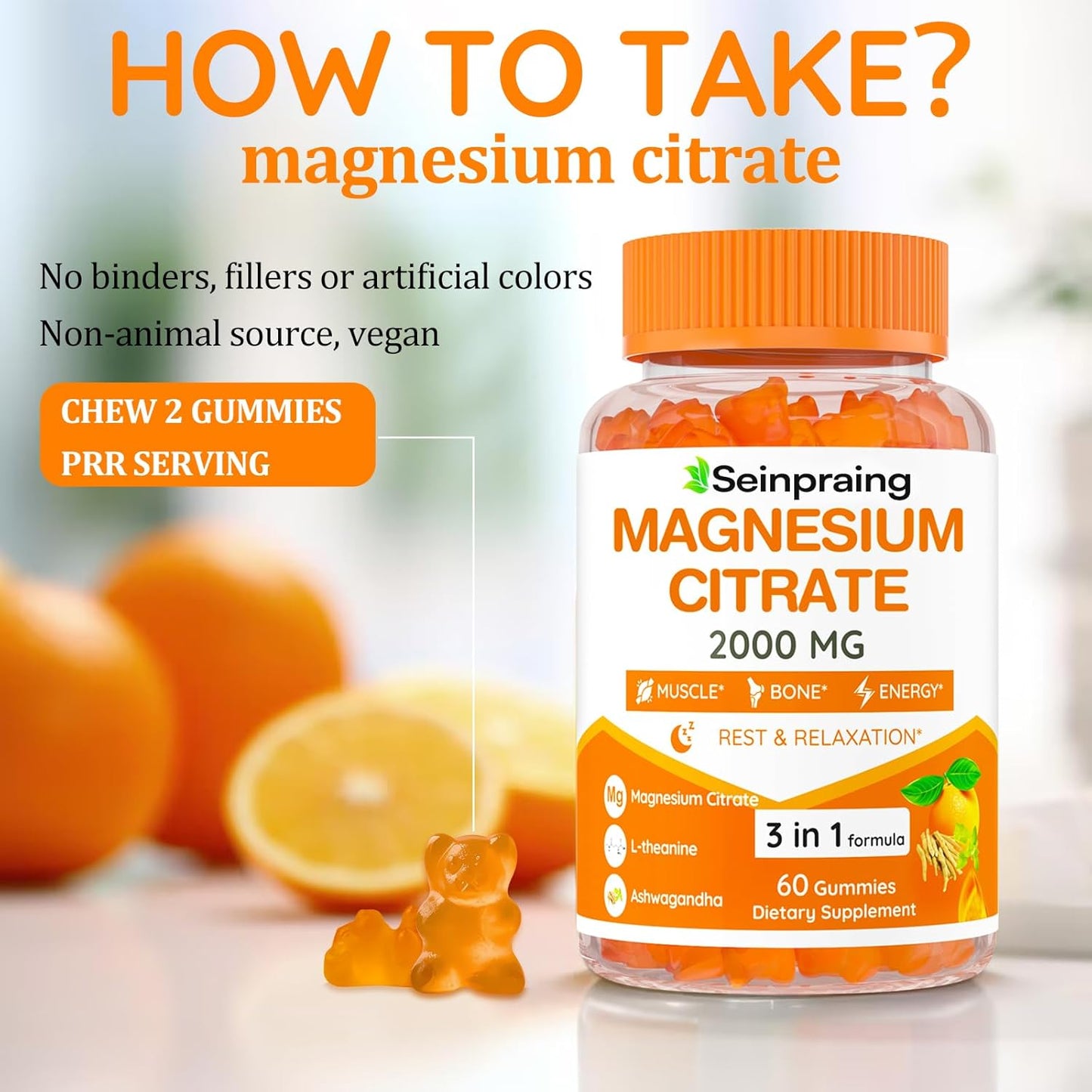 High Absorption Magnesium Citrate Gummies with Ashwagandha - 2000mg for Adults - Supports Sleep, Bone Health, Muscle Relaxation - 120 Gummies
