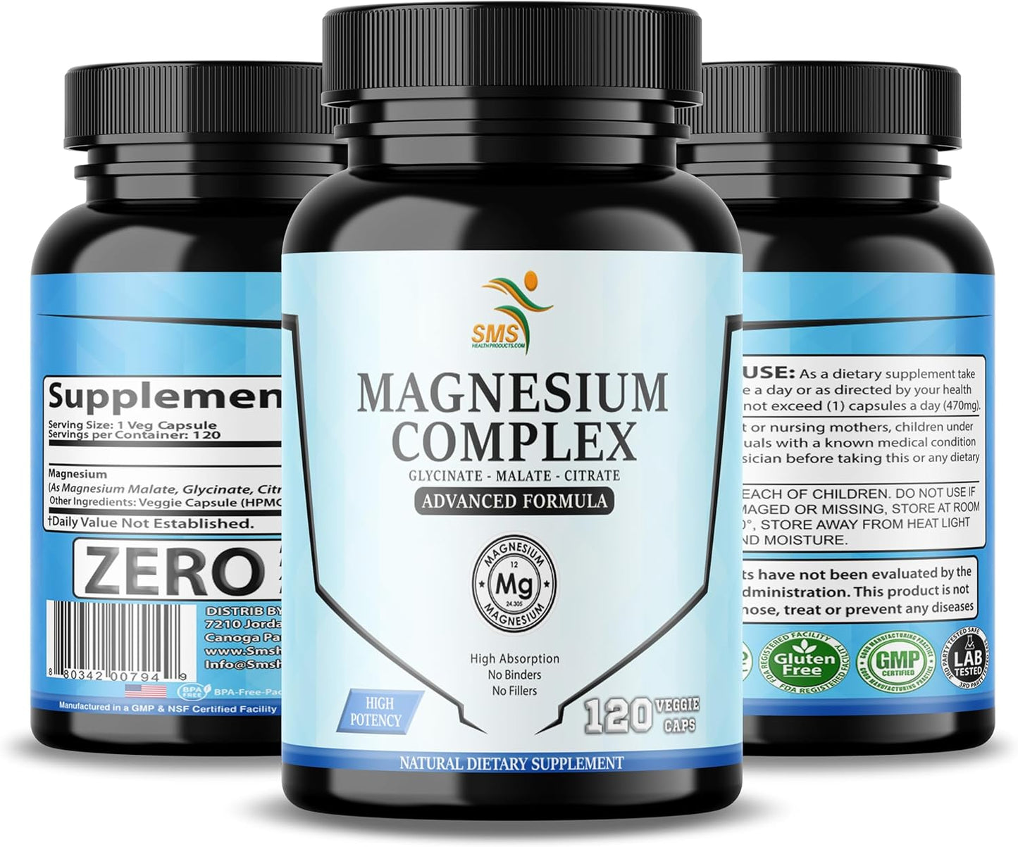 High Absorption Magnesium Complex | 470mg of Glycinate, Malate, & Citrate | Supports Muscles, Nerves, & Energy | Vegan, Non-GMO | 120 Capsules