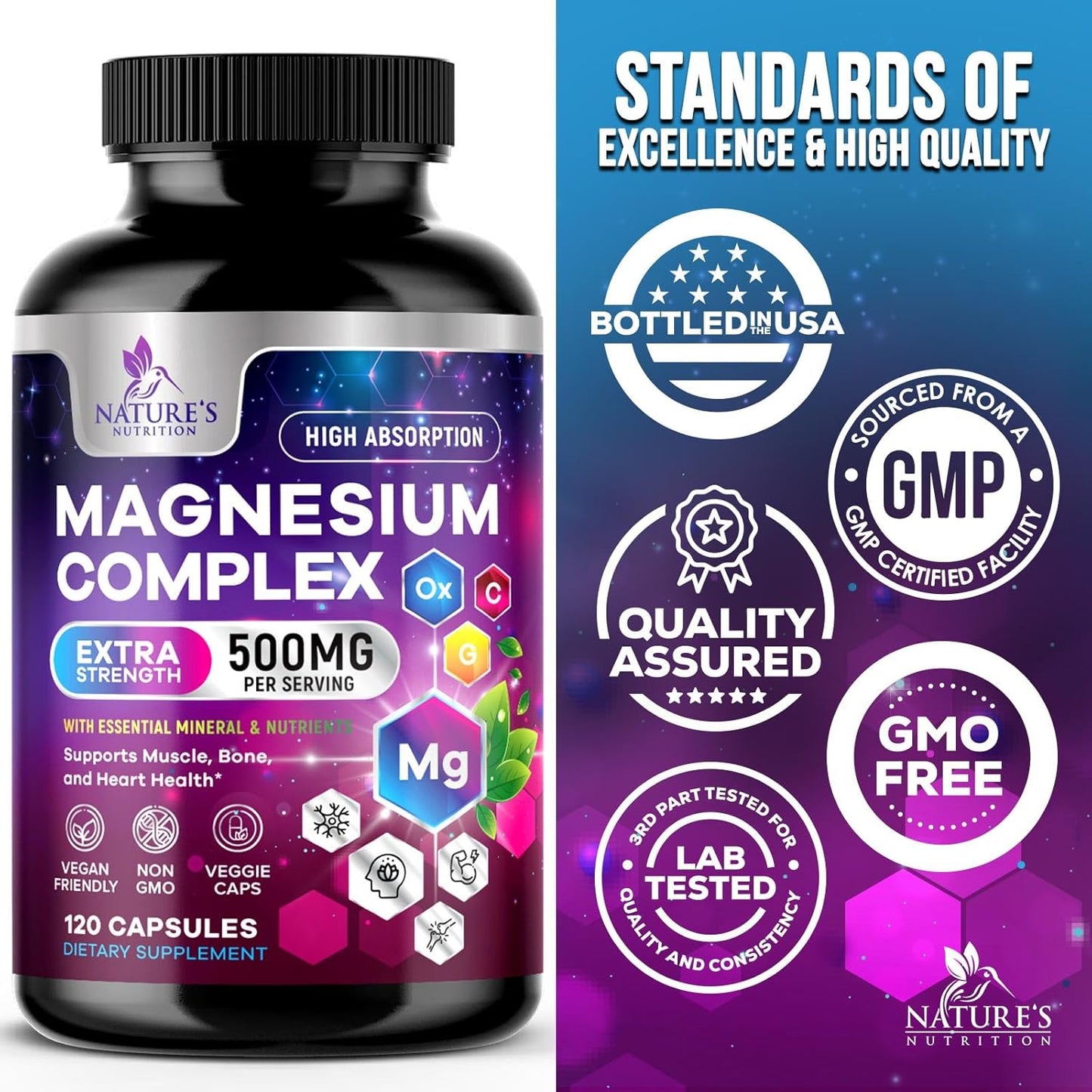High Absorption Magnesium Complex Supplement - 500mg Chelated Magnesium Glycinate, Malate, Citrate & More - Gluten Free, Vegan, Non-GMO - Supports Muscle & Heart Health - 120 Capsules