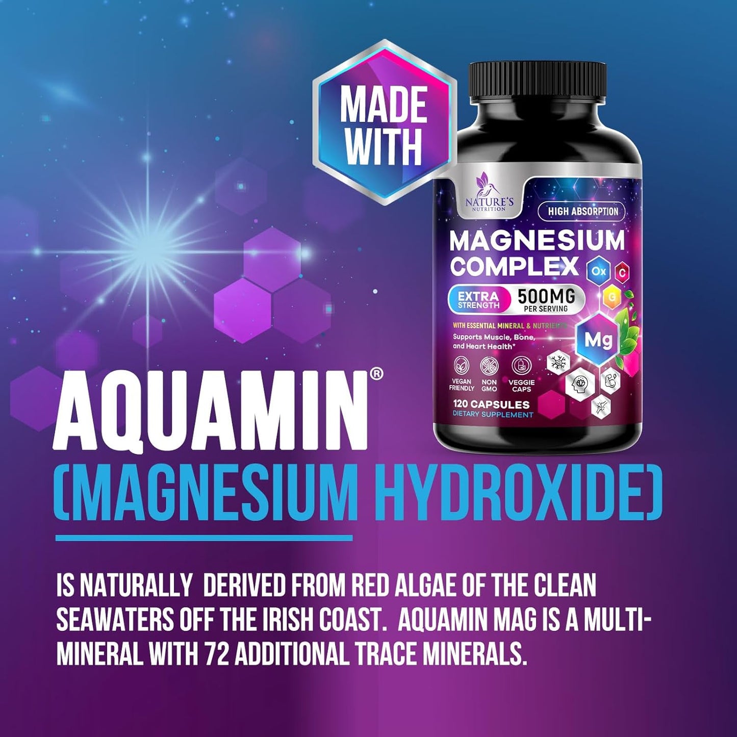 High Absorption Magnesium Complex Supplement - 500mg Chelated Magnesium Glycinate, Malate, Citrate & More - Gluten Free, Vegan, Non-GMO - Supports Muscle & Heart Health - 120 Capsules