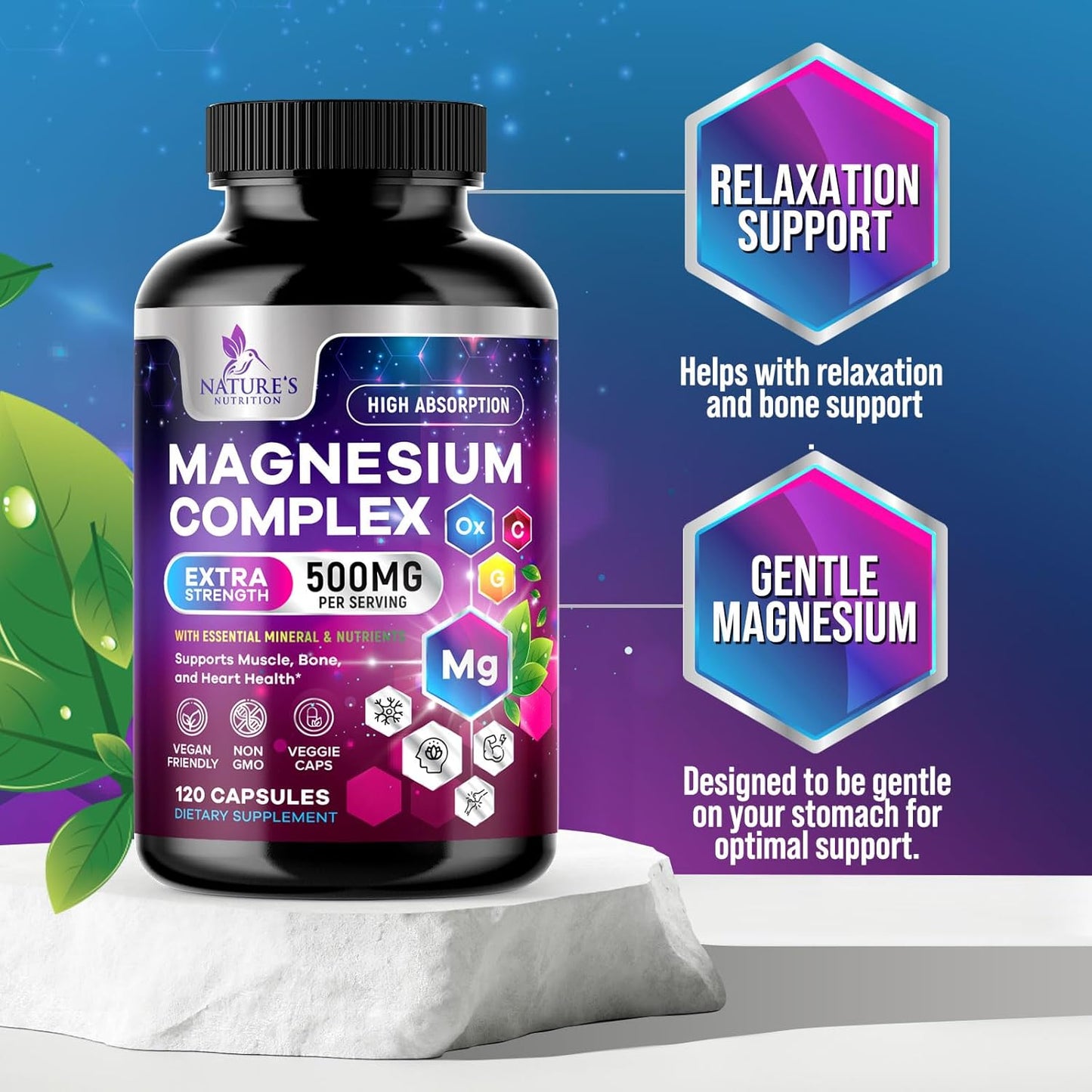High Absorption Magnesium Complex Supplement - 500mg Chelated Magnesium Glycinate, Malate, Citrate & More - Gluten Free, Vegan, Non-GMO - Supports Muscle & Heart Health - 120 Capsules