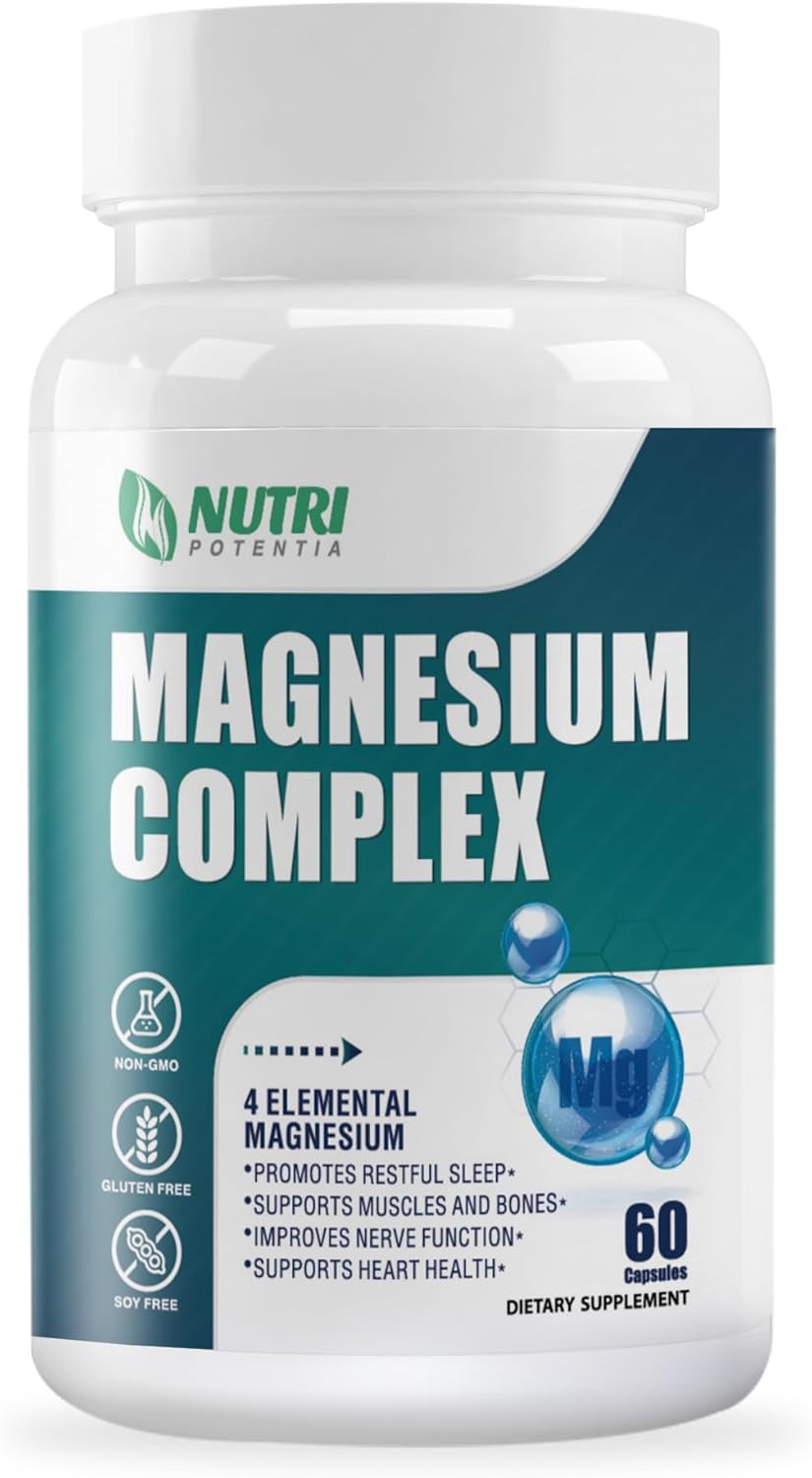 High Absorption Magnesium Complex Supplement with Magnesium Glycinate, Citrate, Malate, Taurate & B6 - Supports Bone, Heart, Muscle, Nervous System - 60 Capsules