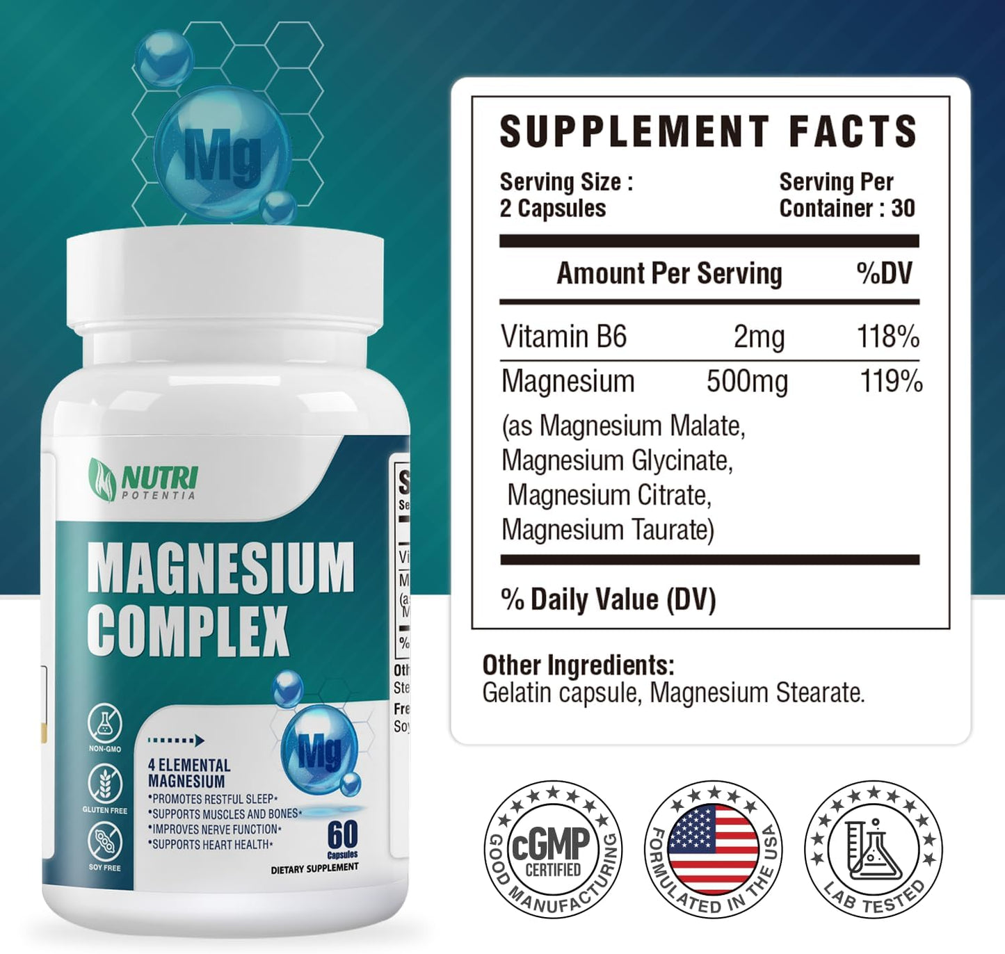 High Absorption Magnesium Complex Supplement with Magnesium Glycinate, Citrate, Malate, Taurate & B6 - Supports Bone, Heart, Muscle, Nervous System - 60 Capsules