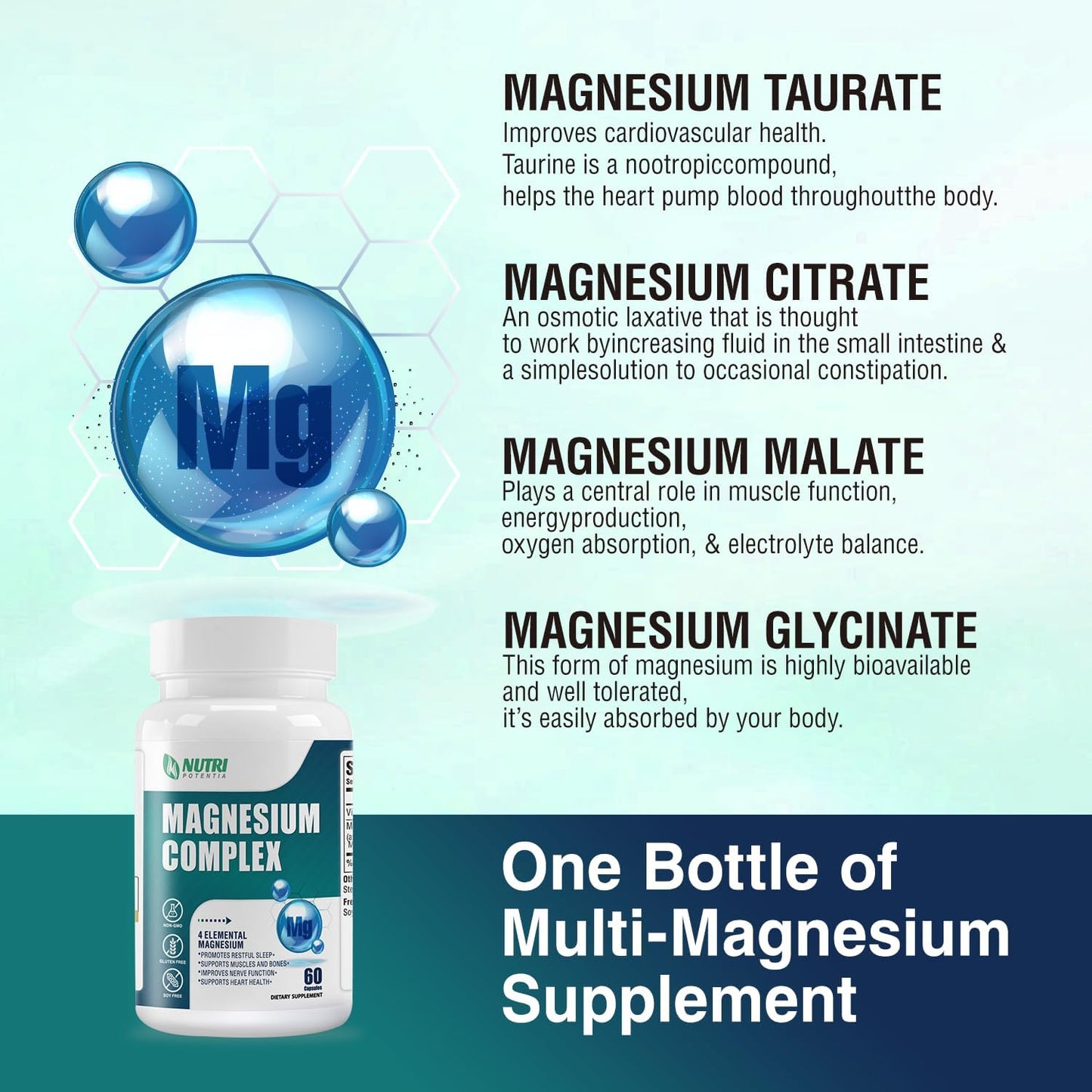 High Absorption Magnesium Complex Supplement with Magnesium Glycinate, Citrate, Malate, Taurate & B6 - Supports Bone, Heart, Muscle, Nervous System - 60 Capsules