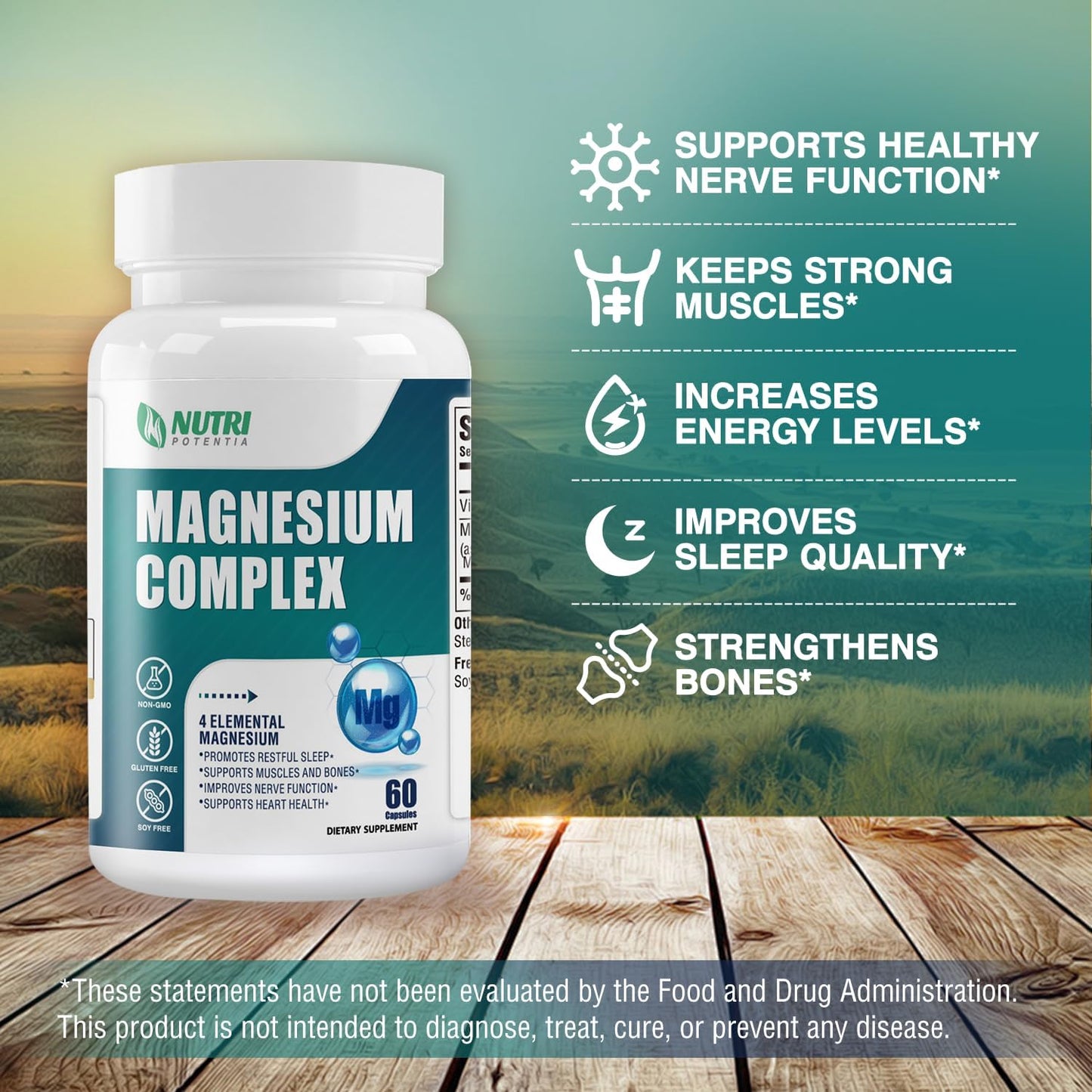 High Absorption Magnesium Complex Supplement with Magnesium Glycinate, Citrate, Malate, Taurate & B6 - Supports Bone, Heart, Muscle, Nervous System - 60 Capsules