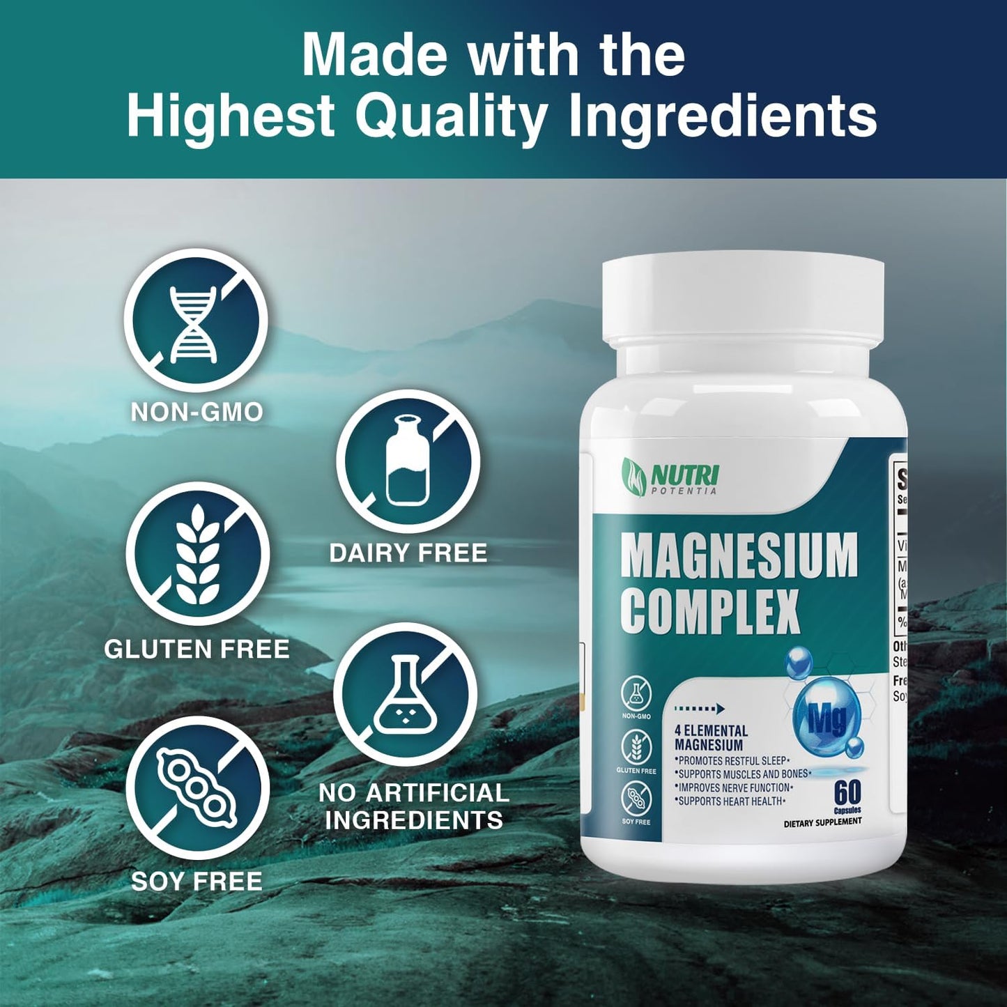 High Absorption Magnesium Complex Supplement with Magnesium Glycinate, Citrate, Malate, Taurate & B6 - Supports Bone, Heart, Muscle, Nervous System - 60 Capsules