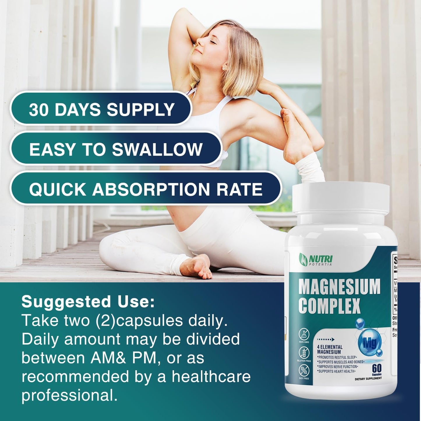 High Absorption Magnesium Complex Supplement with Magnesium Glycinate, Citrate, Malate, Taurate & B6 - Supports Bone, Heart, Muscle, Nervous System - 60 Capsules