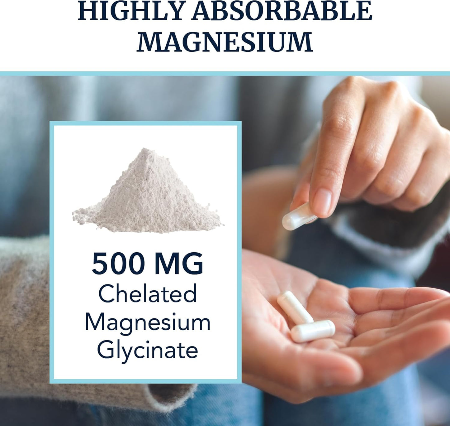 High Absorption Magnesium Glycinate 500mg Supplement for Muscle Relaxation, Bones, Heart, Nerve, Sleep, and Calm Support - 60ct