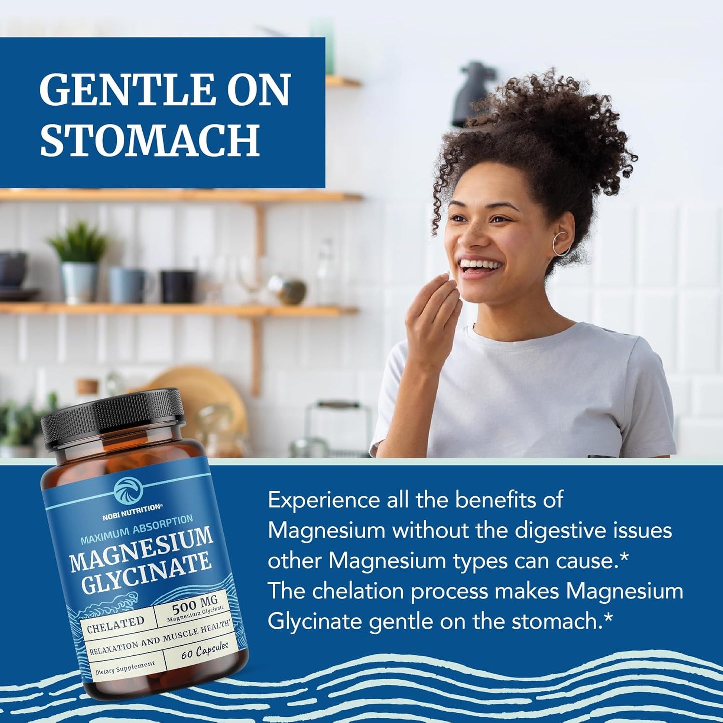 High Absorption Magnesium Glycinate 500mg Supplement for Muscle Relaxation, Bones, Heart, Nerve, Sleep, and Calm Support - 60ct