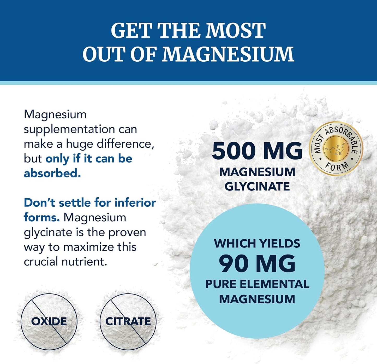 High Absorption Magnesium Glycinate 500mg Supplement for Muscle Relaxation, Bones, Heart, Nerve, Sleep, and Calm Support - 60ct