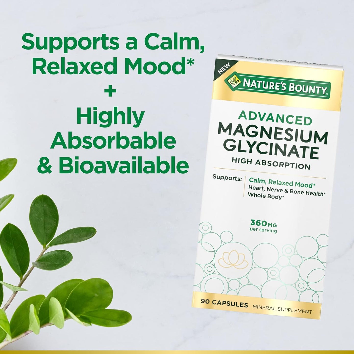 High Absorption Magnesium Glycinate Capsules for Calm & Relaxed Mood - Heart, Nerves, Muscle, Bone Health Support (90 count)