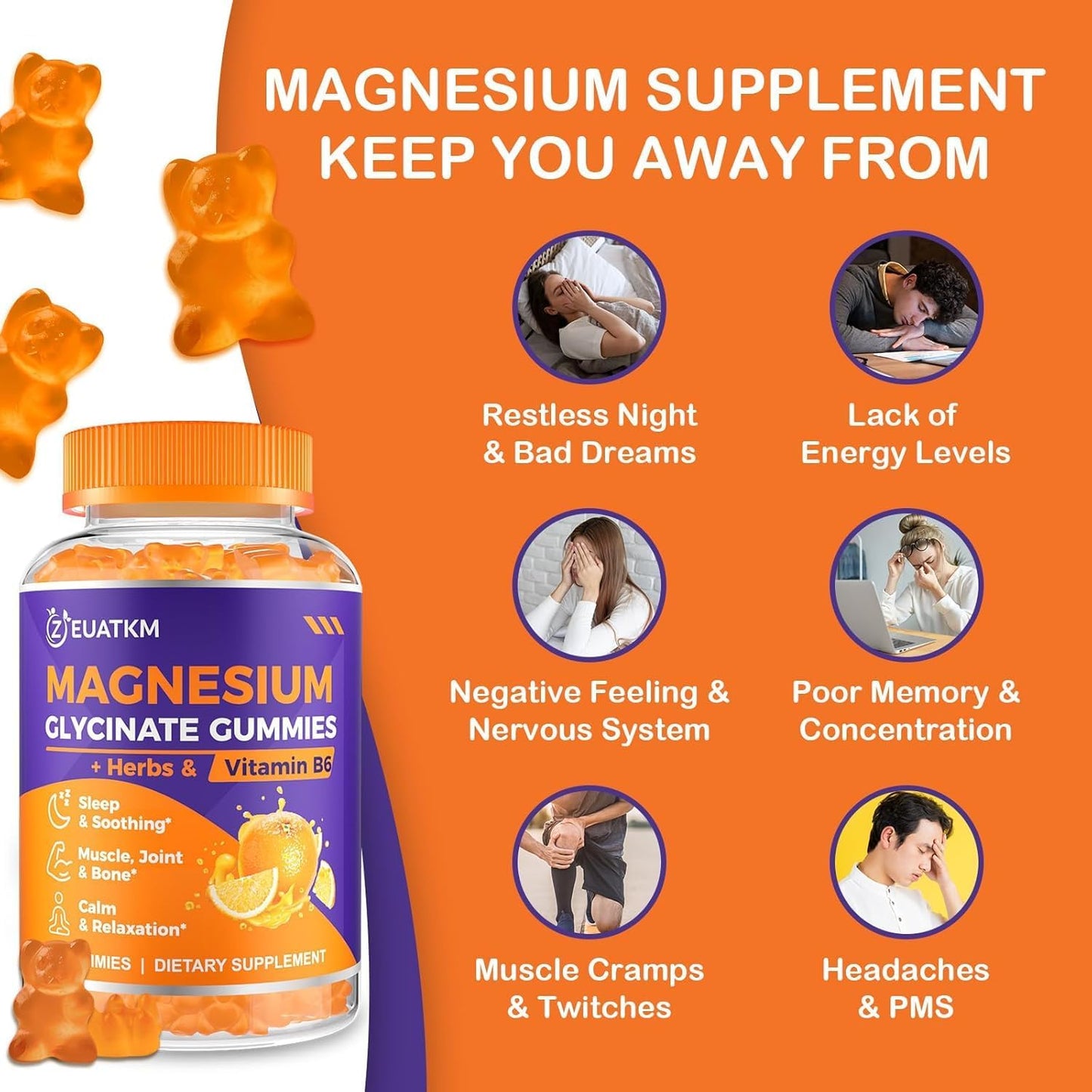 High Absorption Magnesium Glycinate Gummies for Adults - 1500mg with Magnesium L-Threonate, Ashwagandha, and B6 - Muscle & Bone Support, Relaxation & Energy - Pack of 5