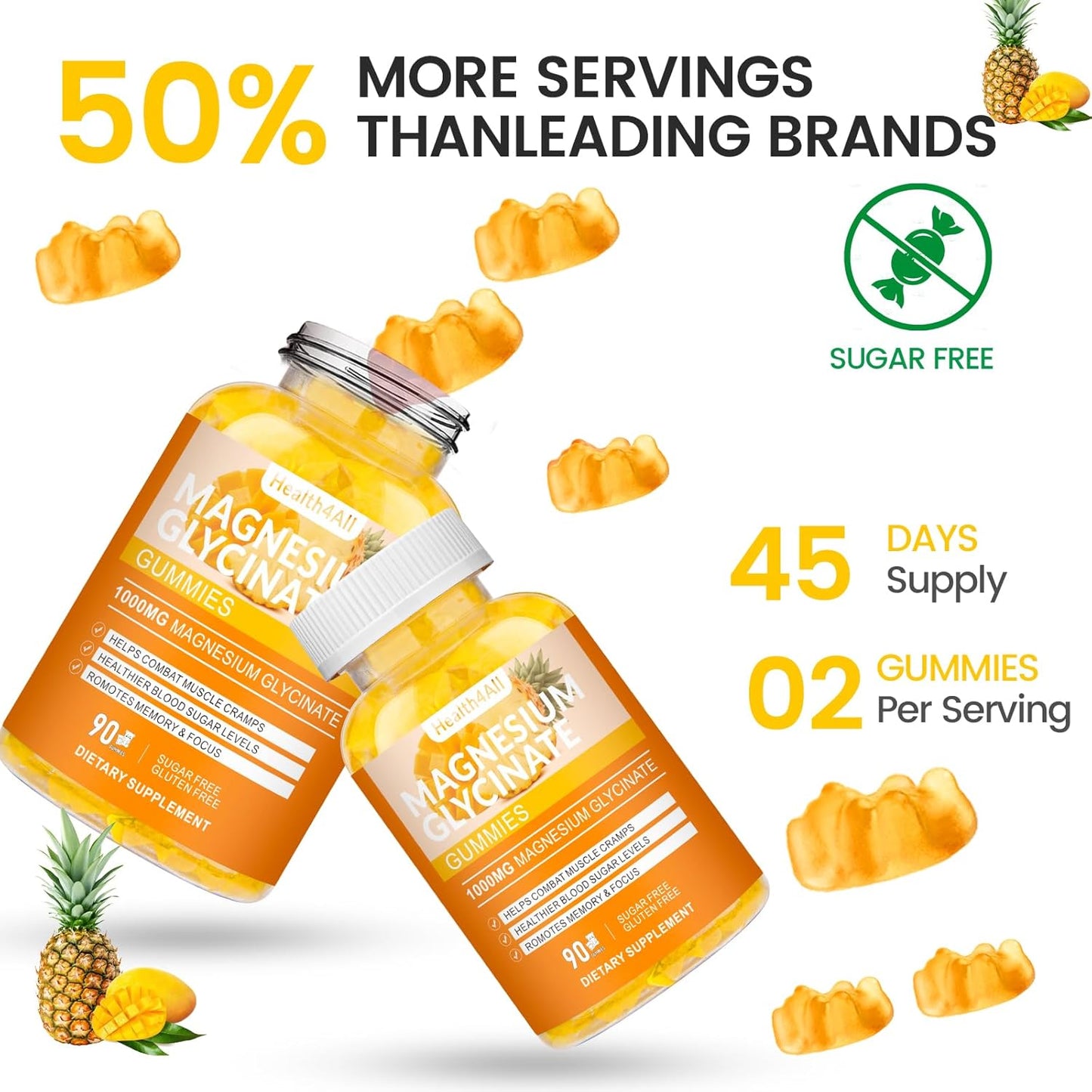 High Absorption Magnesium Glycinate Gummies for Relaxation and Sleep Support - 90 Mango Pineapple Gummies, Sugar Free Supplement for Adults & Kids