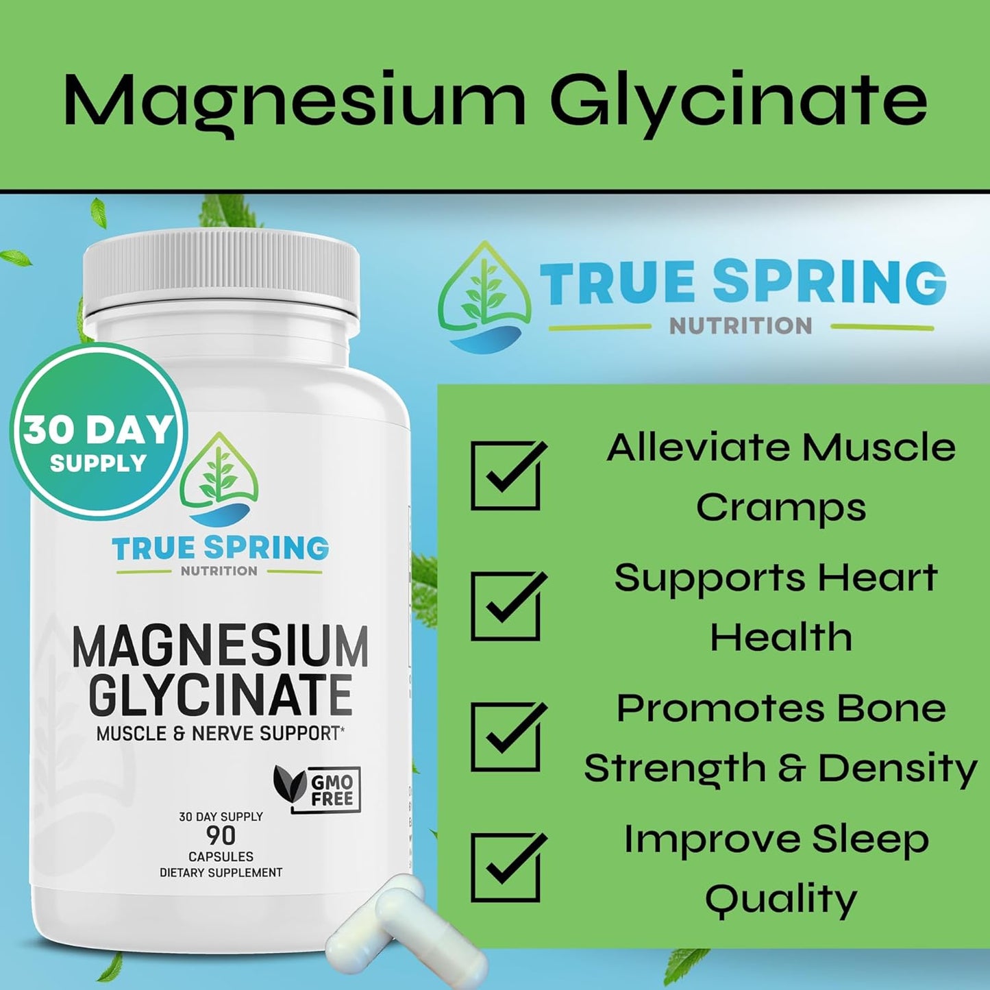 High Absorption Magnesium Glycinate Supplement for Stress Relief, Sleep, Muscle Recovery, Nerve Support, and Heart Health - 90 Capsules - Made in USA