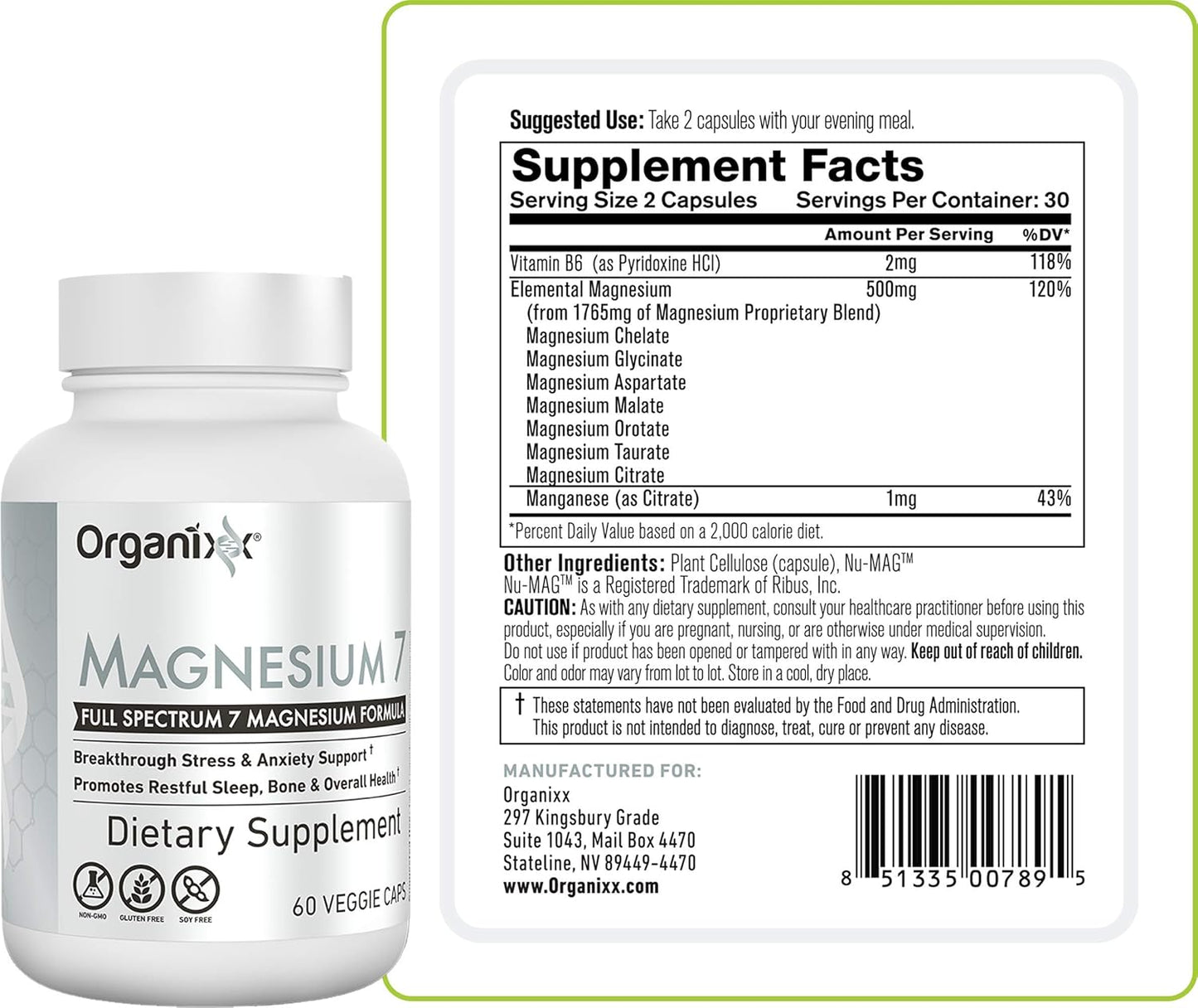 High Absorption Magnesium Glycinate Supplement with 7 Types of Magnesium Complex, Vitamin B6, Manganese Citrate - Supports Sleep, Muscle & Heart Health - Gluten Free, Vegan, Non GMO - 60 Capsules