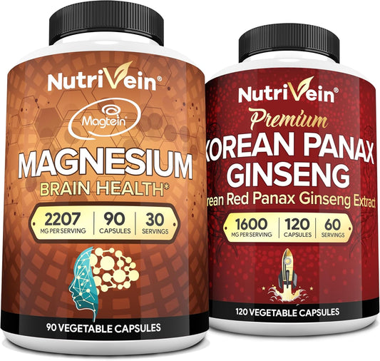 High-Absorption Magnesium L-Threonate & Panax Ginseng Supplement Bundle for Brain, Mood, & Vitality - Nutrivein Premium Pair
