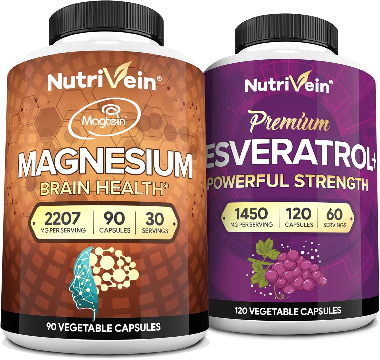 High-Absorption Magnesium L-Threonate & Resveratrol Supplement Bundle for Repair, Defenses, Vitality - Nutrivein Premium Capsules
