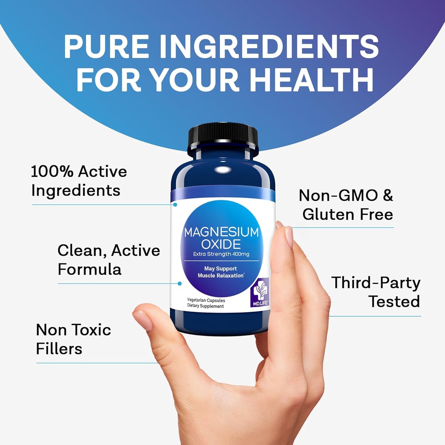 High Absorption Magnesium Oxide Supplement Capsules for Vascular Health and Sleep - 60 Count - Non GMO Formula by MD.LIFE