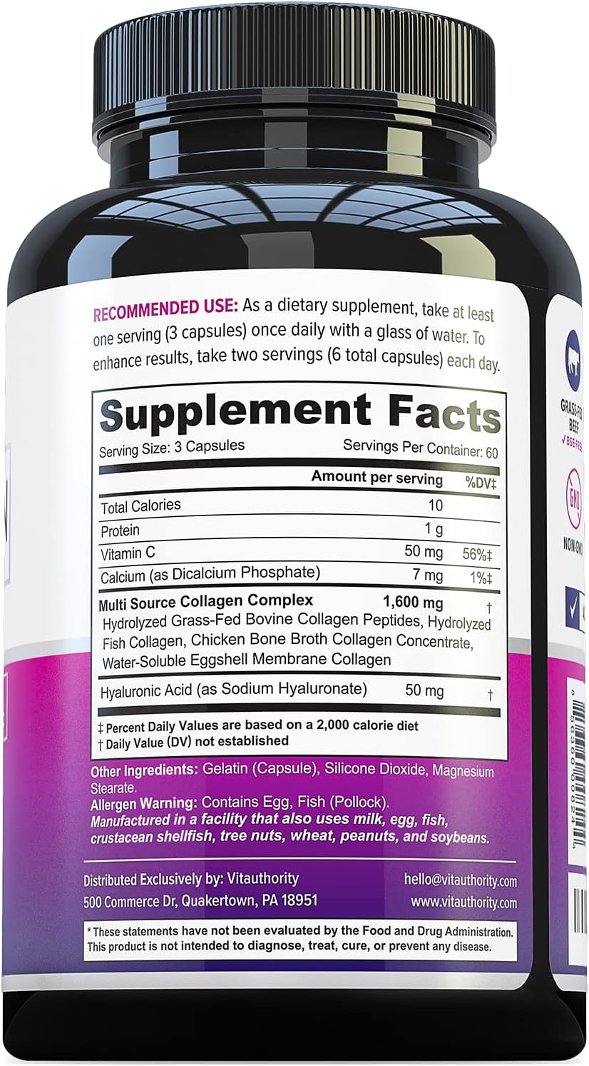 High Absorption Multi Collagen Pills for Hair, Skin & Nails - 60 Servings - Types I, II, III, V, X - Hyaluronic Acid & Vitamin C - Men & Women