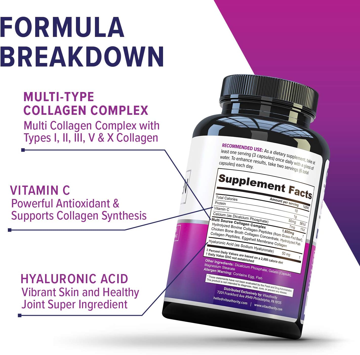 High Absorption Multi Collagen Pills for Hair, Skin & Nails - 60 Servings - Types I, II, III, V, X - Hyaluronic Acid & Vitamin C - Men & Women