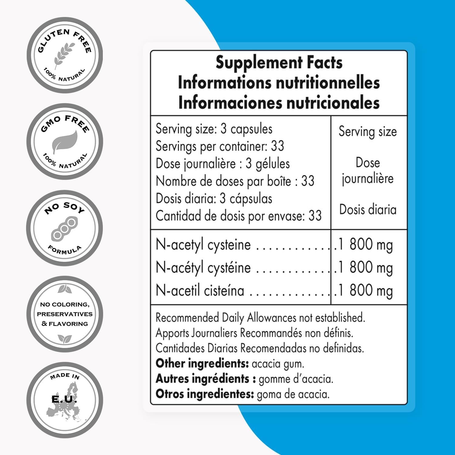 High Absorption N-Acetyl Cysteine 1800mg Daily Supplement for Antioxidant Support - Glutathione Precursor - Non-GMO, Gluten-Free - 100 Capsules