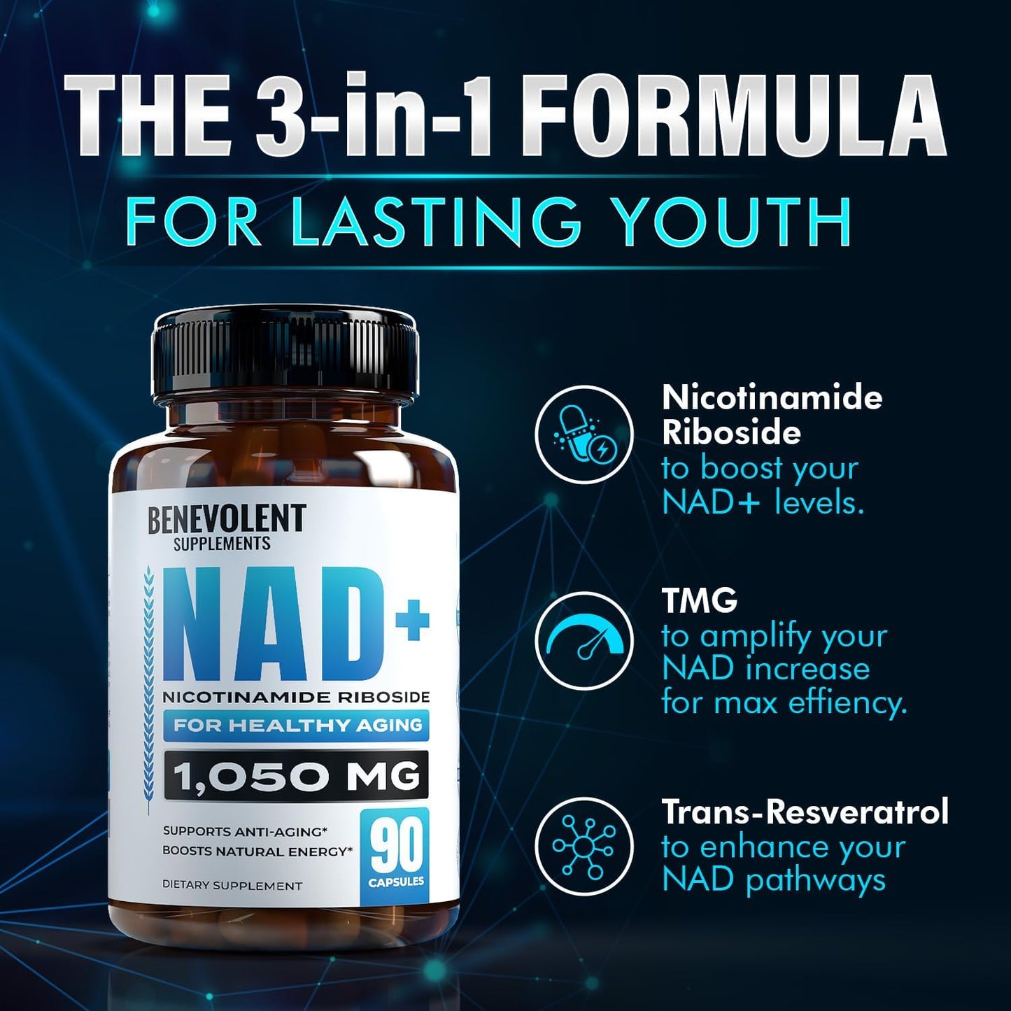 High Absorption NAD+ Supplement 1050mg with NMN Alternative - Cell Regenerator for Energy & Healthy Aging - Nicotinamide Riboside, Trans-Resveratrol & TMG
