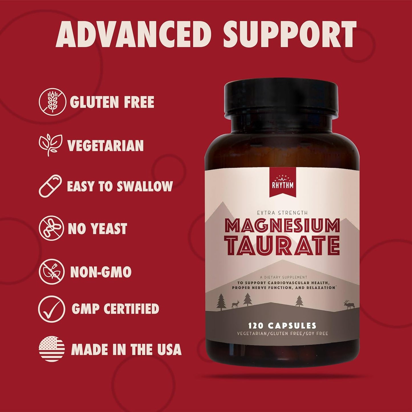 High Absorption Natural Rhythm Magnesium Taurate Capsules - 750mg (150mg Magnesium) - 120 Count