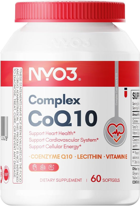 High Absorption NYO3 CoQ10 200mg with Lecithin & Vitamin E - Heart Health Antioxidant Support - Gluten Free - 60 Day Supply