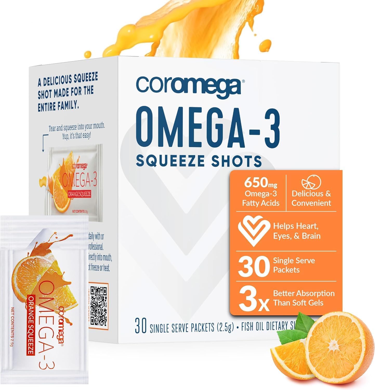 High Absorption Omega-3 Fish Oil Supplement, Orange Flavor, 650mg Omega-3s, 30 Single Serve Packets