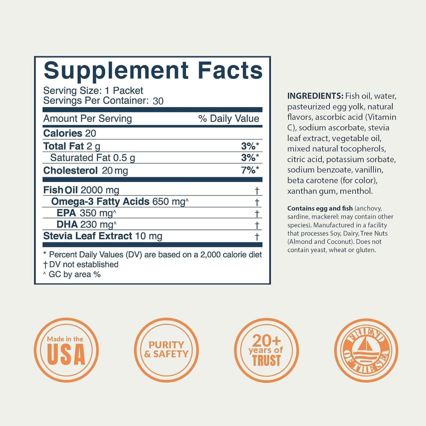 High Absorption Omega-3 Fish Oil Supplement, Orange Flavor, 650mg Omega-3s, 30 Single Serve Packets