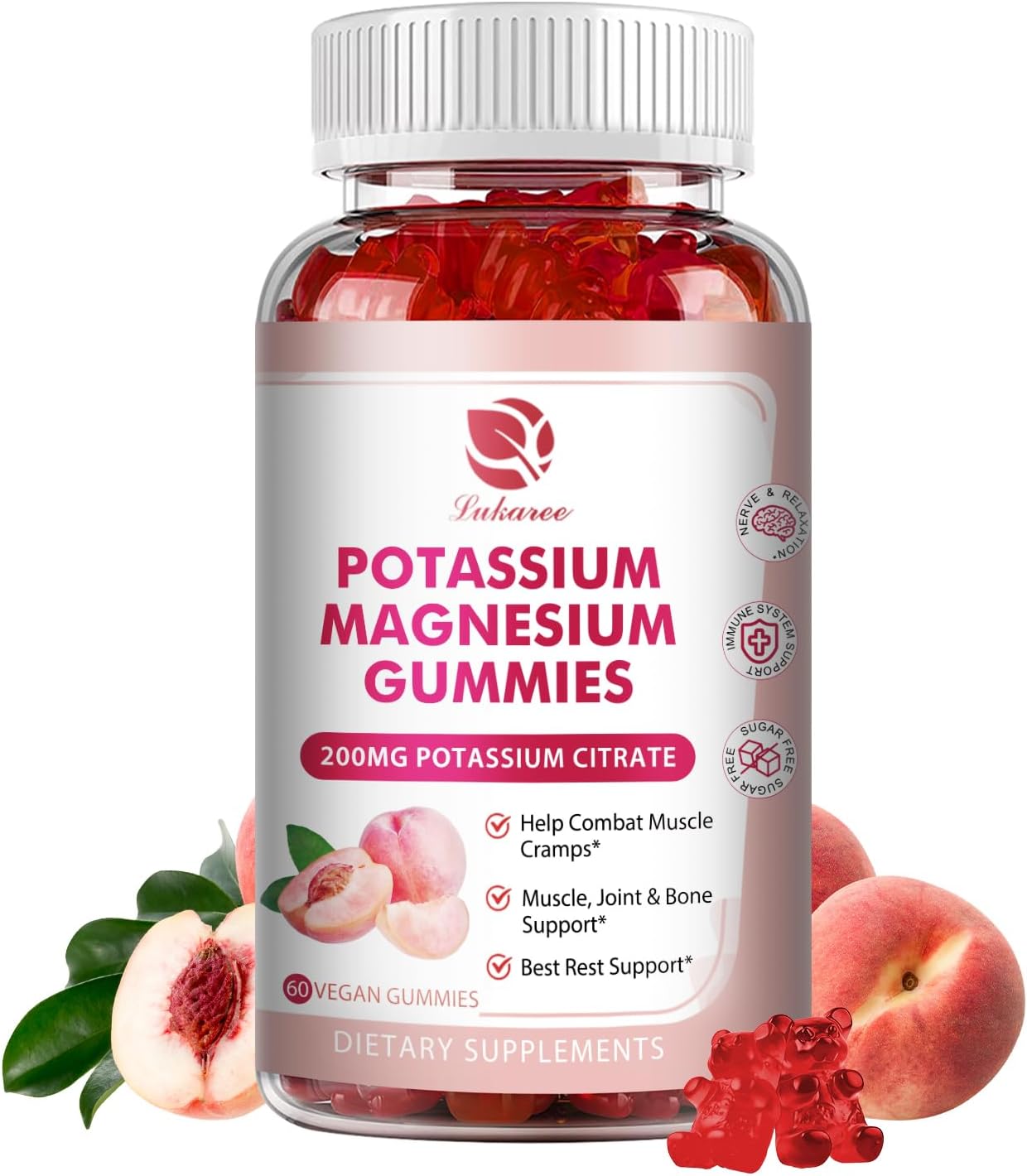 High Absorption Potassium Magnesium Gummies with Omega 3, B6, D3, K2 & Calcium - Chewable Gummy for Leg Cramps, Immunity & Energy - 60 Count