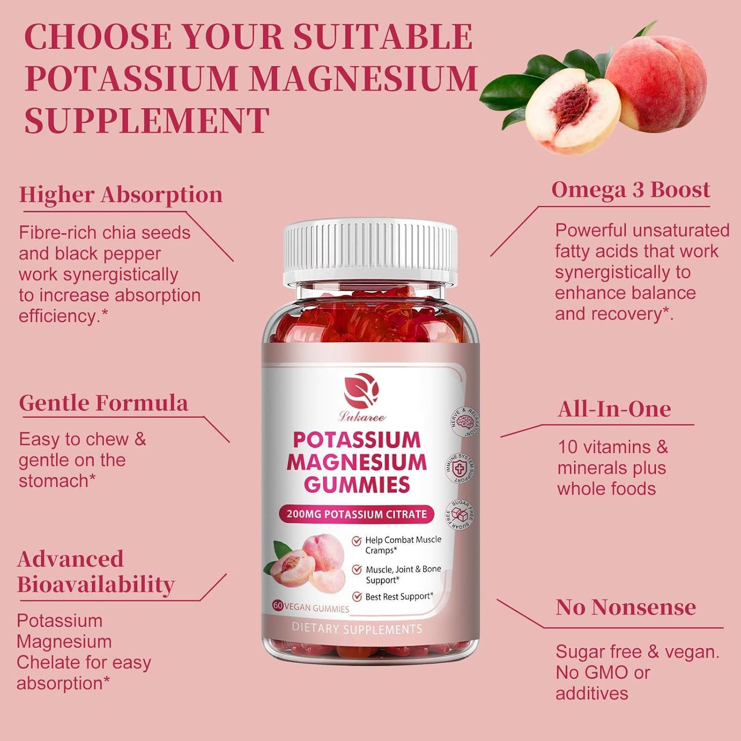 High Absorption Potassium Magnesium Gummies with Omega 3, B6, D3, K2 & Calcium - Chewable Gummy for Leg Cramps, Immunity & Energy - 60 Count