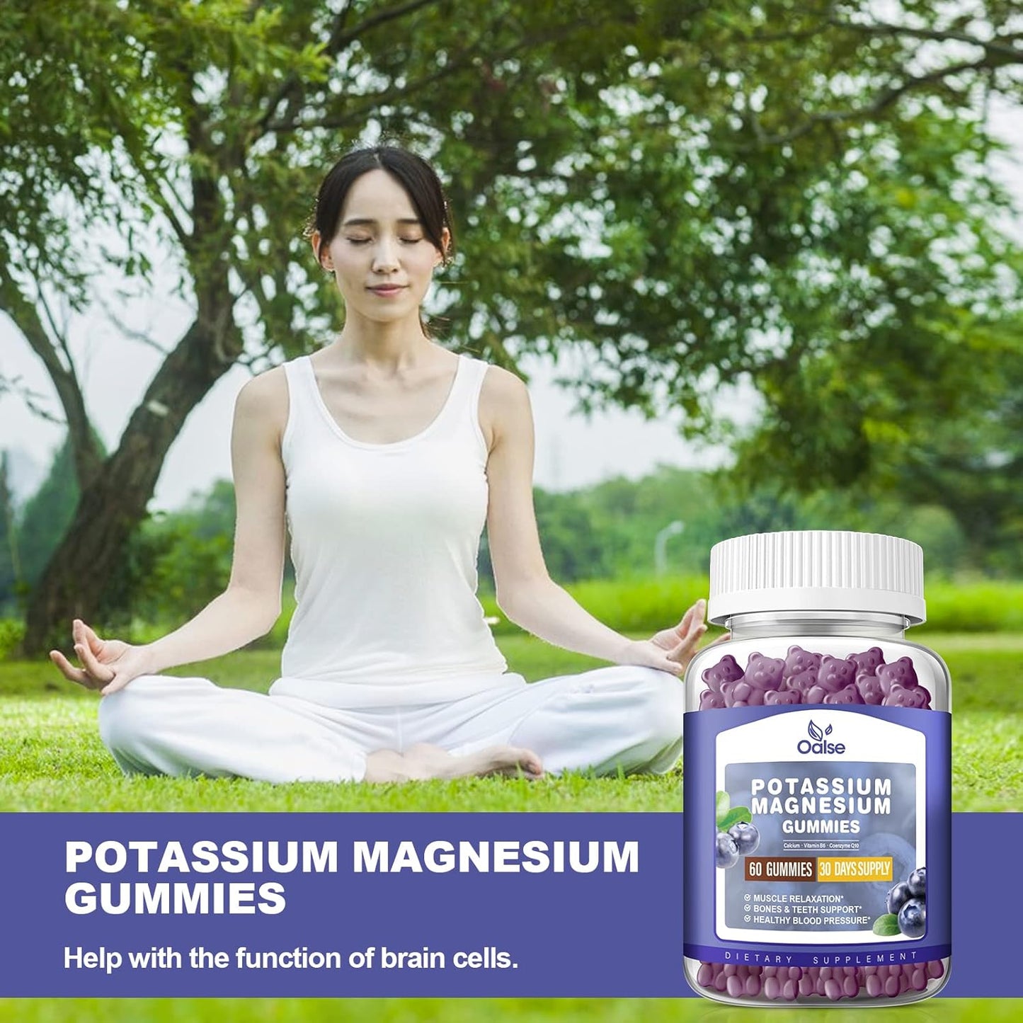 High Absorption Potassium Magnesium Gummy Supplements for Leg & Muscle Health - Blueberry Flavor, 60 Count