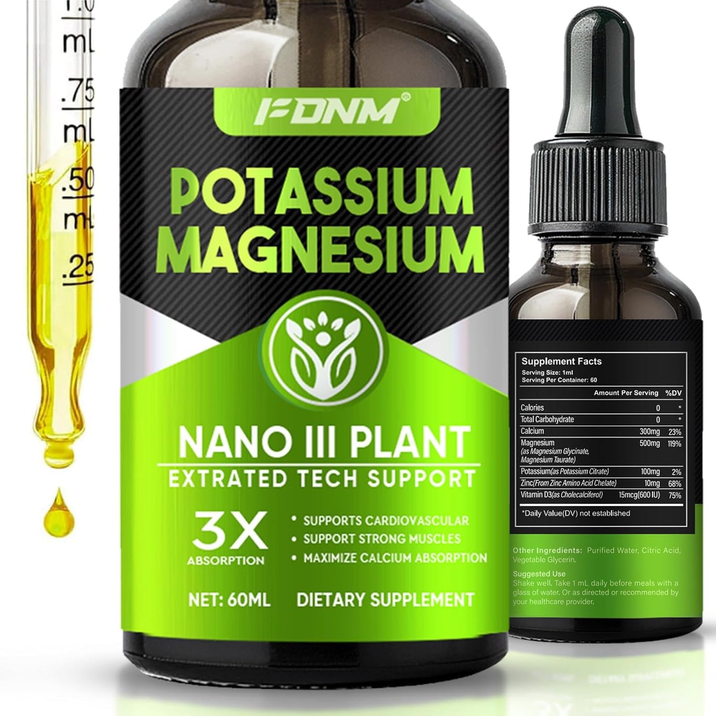 High Absorption Potassium Magnesium Supplement for Leg Cramps, Bone & Immune Support - Calcium, Vitamin D3, Zinc - 500mg Magnesium Potassium Drop