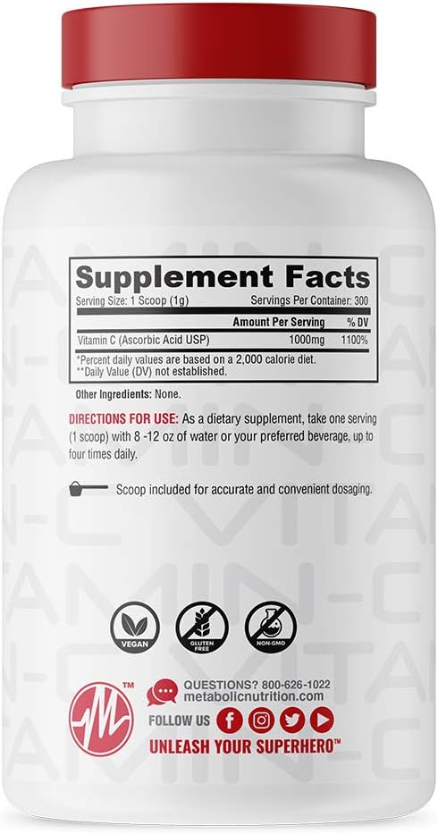 High Absorption Pure Pharma Grade Vitamin C 1000mg Supplement - Metabolic Nutrition, Ascorbic Acid (300g)