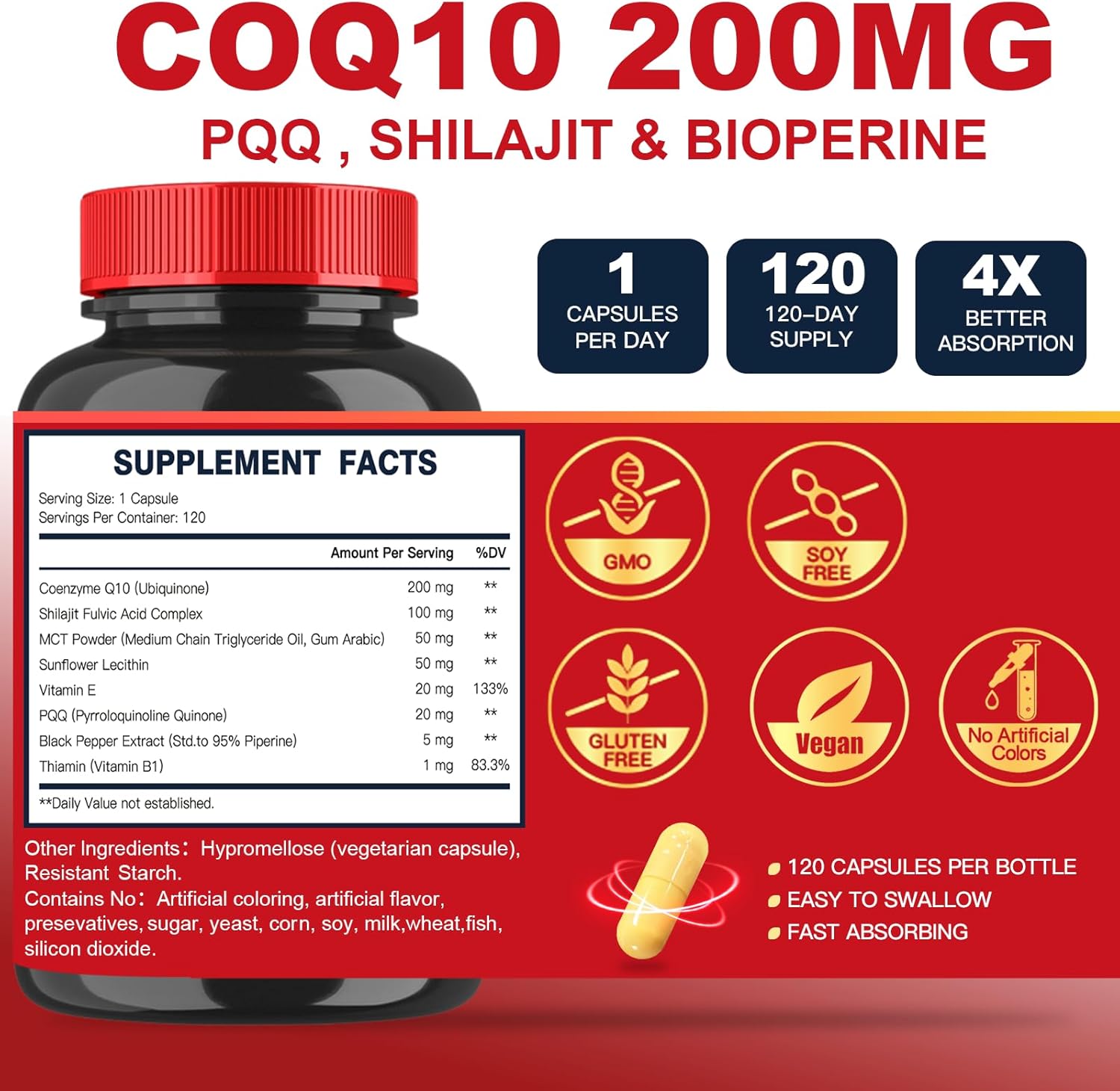 High Absorption Quinovit CoQ10 200mg with PQQ, Shilajit & Bioperine - Heart, Brain, and Energy Support - 120 Capsules