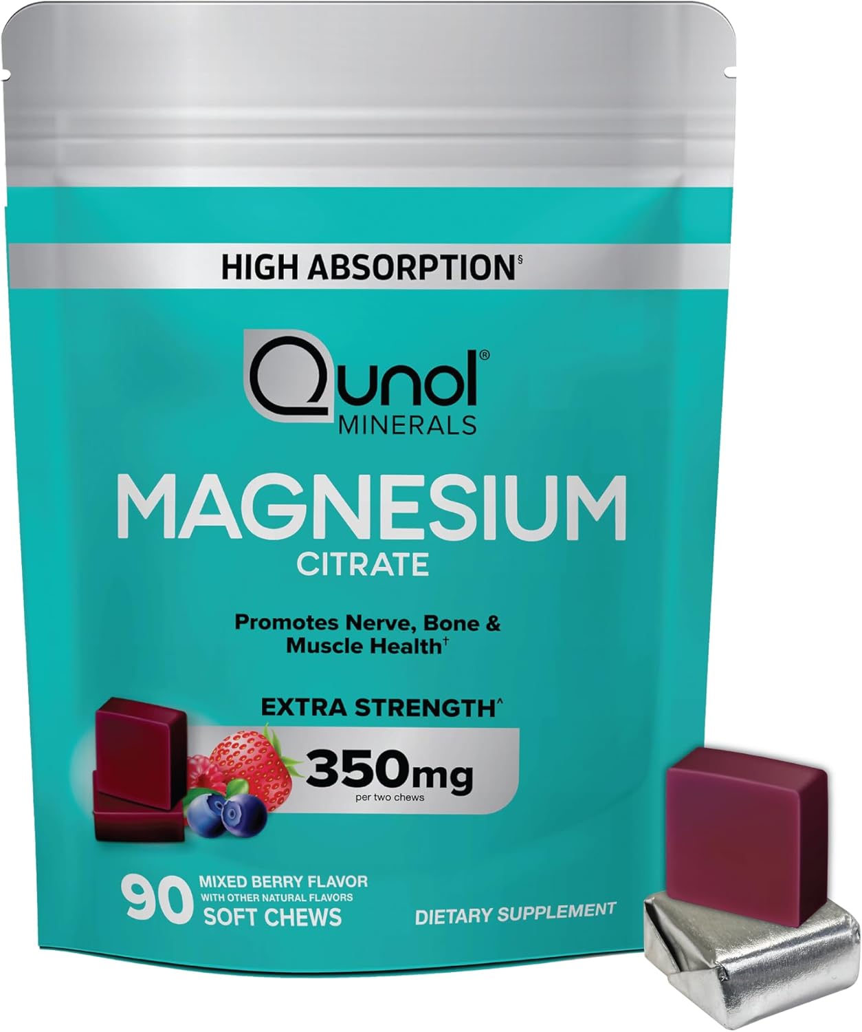 High Absorption Qunol Magnesium Citrate Soft Chews - 350mg Extra Strength Supplement for Nerve, Bone, and Muscle Health - 90 Count