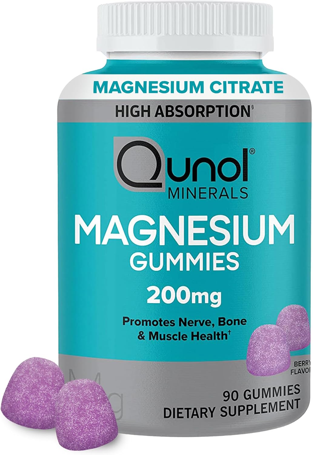 High Absorption Qunol Magnesium Gummies for Adults - 200mg Elemental Magnesium, Vegetarian Supplement for Nerve, Bone, Muscle Health - 90 Count
