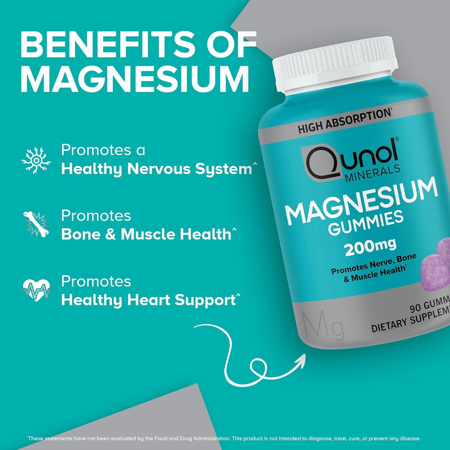 High Absorption Qunol Magnesium Gummies for Adults - 200mg Elemental Magnesium, Vegetarian Supplement for Nerve, Bone, Muscle Health - 90 Count
