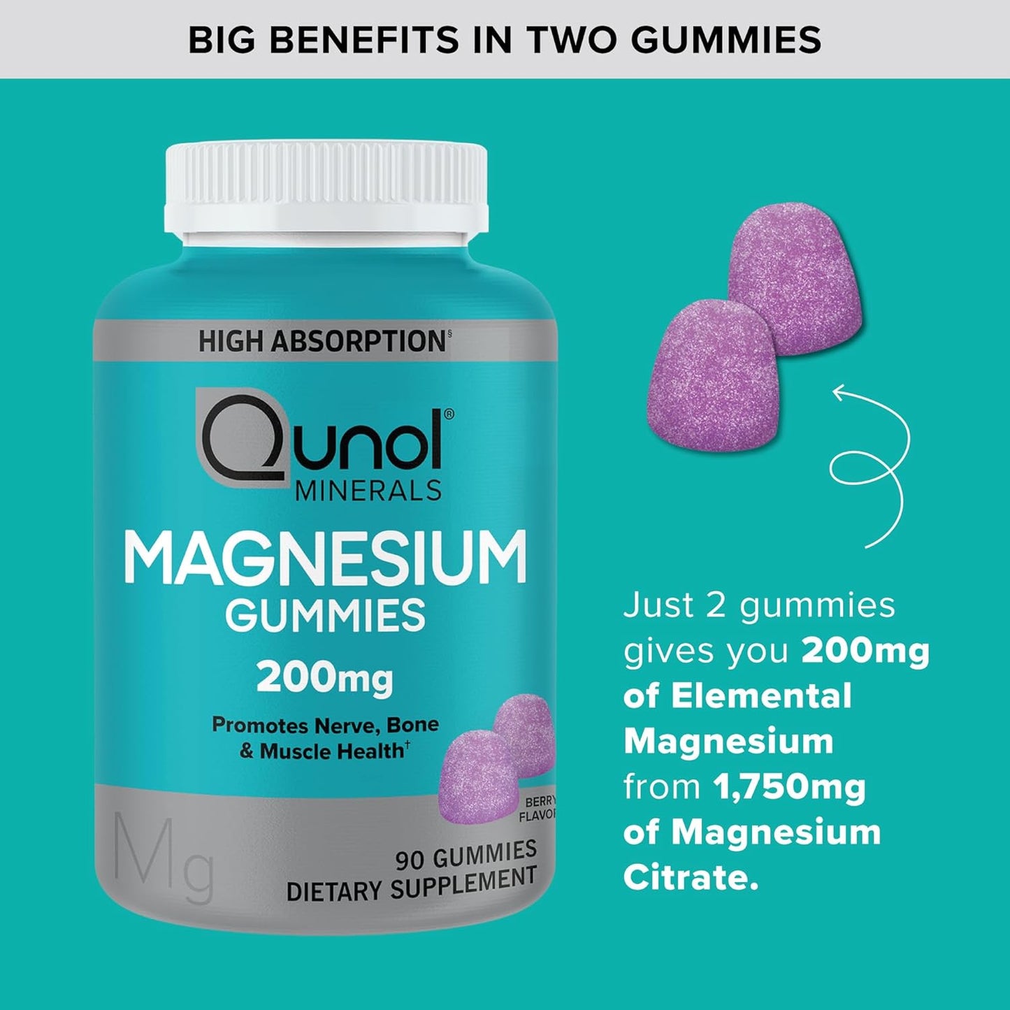 High Absorption Qunol Magnesium Gummies for Adults - 200mg Elemental Magnesium, Vegetarian Supplement for Nerve, Bone, Muscle Health - 90 Count