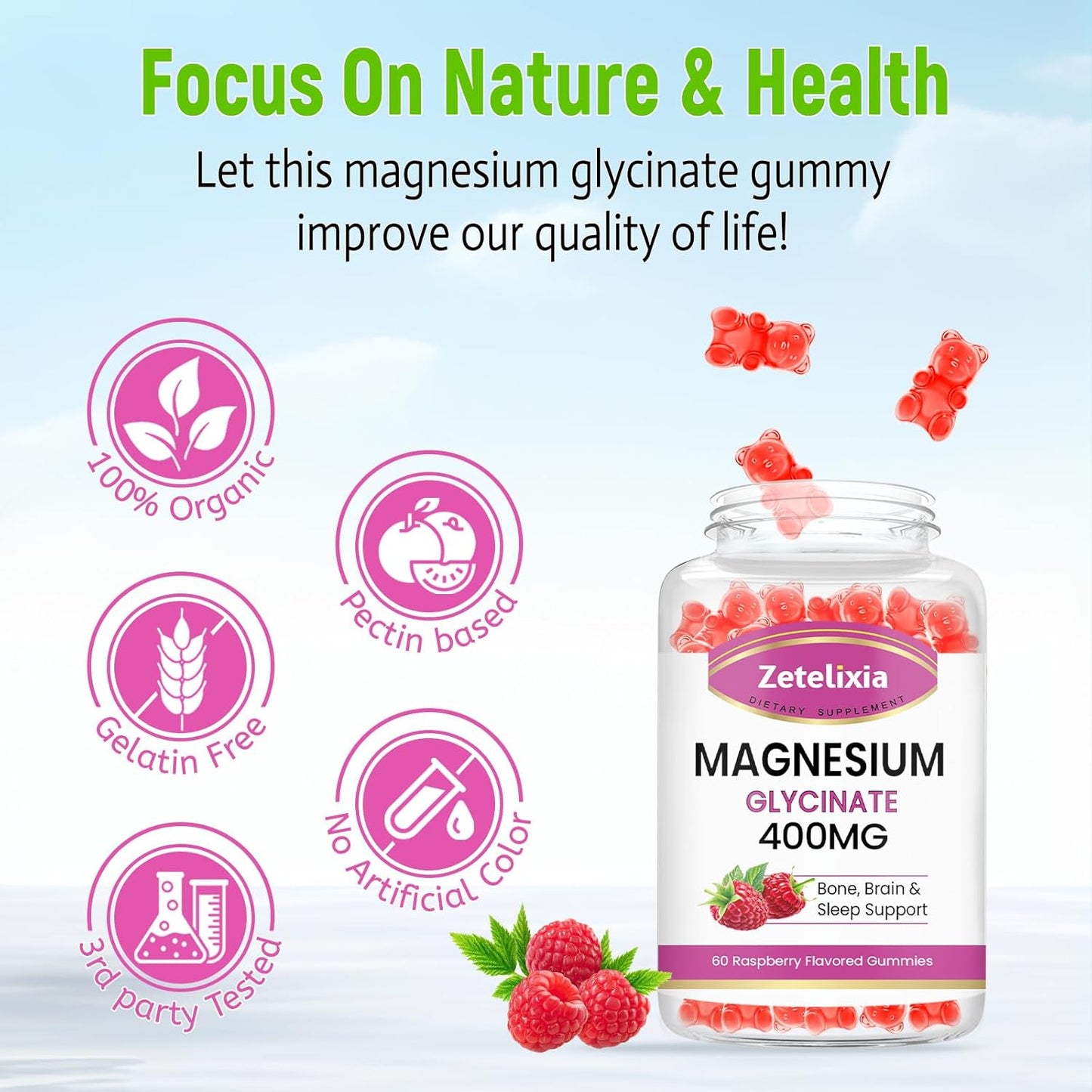 High Absorption Raspberry Magnesium Glycinate Gummies - 60 Sugar-Free Chews for Relaxation in Adults & Kids by Zetelixia