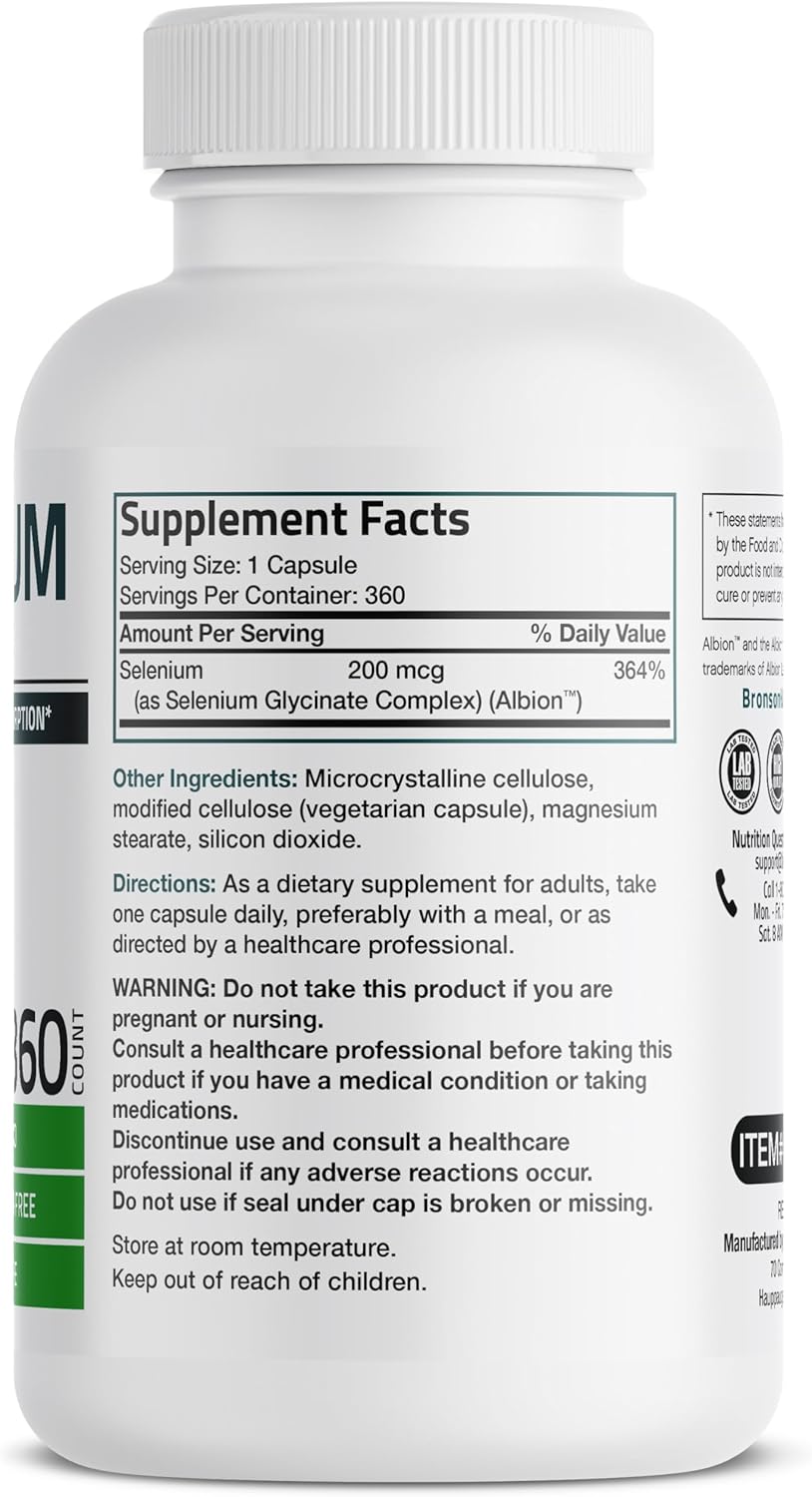 High Absorption Selenium Supplement - 200 mcg, Yeast-Free Chelated Amino Acid Complex - Essential Trace Mineral, 360 Veg Capsules