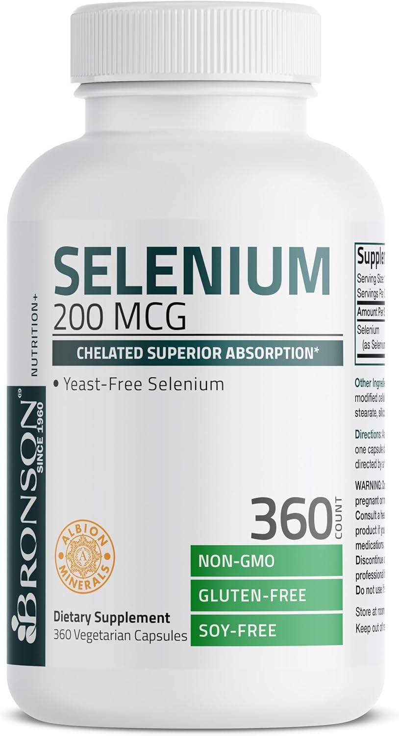 High Absorption Selenium Supplement - 200 mcg, Yeast-Free Chelated Amino Acid Complex - Essential Trace Mineral, 360 Veg Capsules