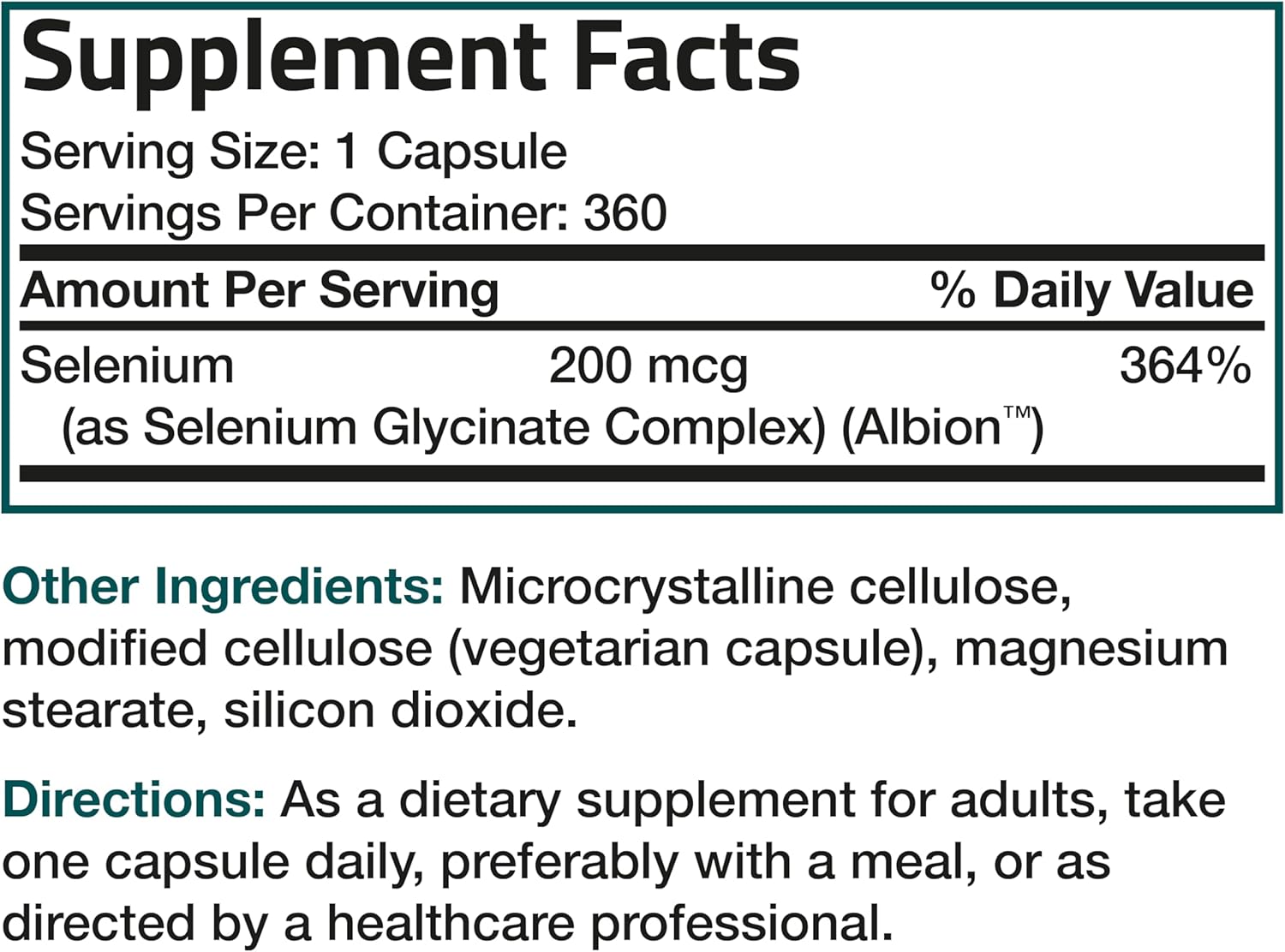 High Absorption Selenium Supplement - 200 mcg, Yeast-Free Chelated Amino Acid Complex - Essential Trace Mineral, 360 Veg Capsules