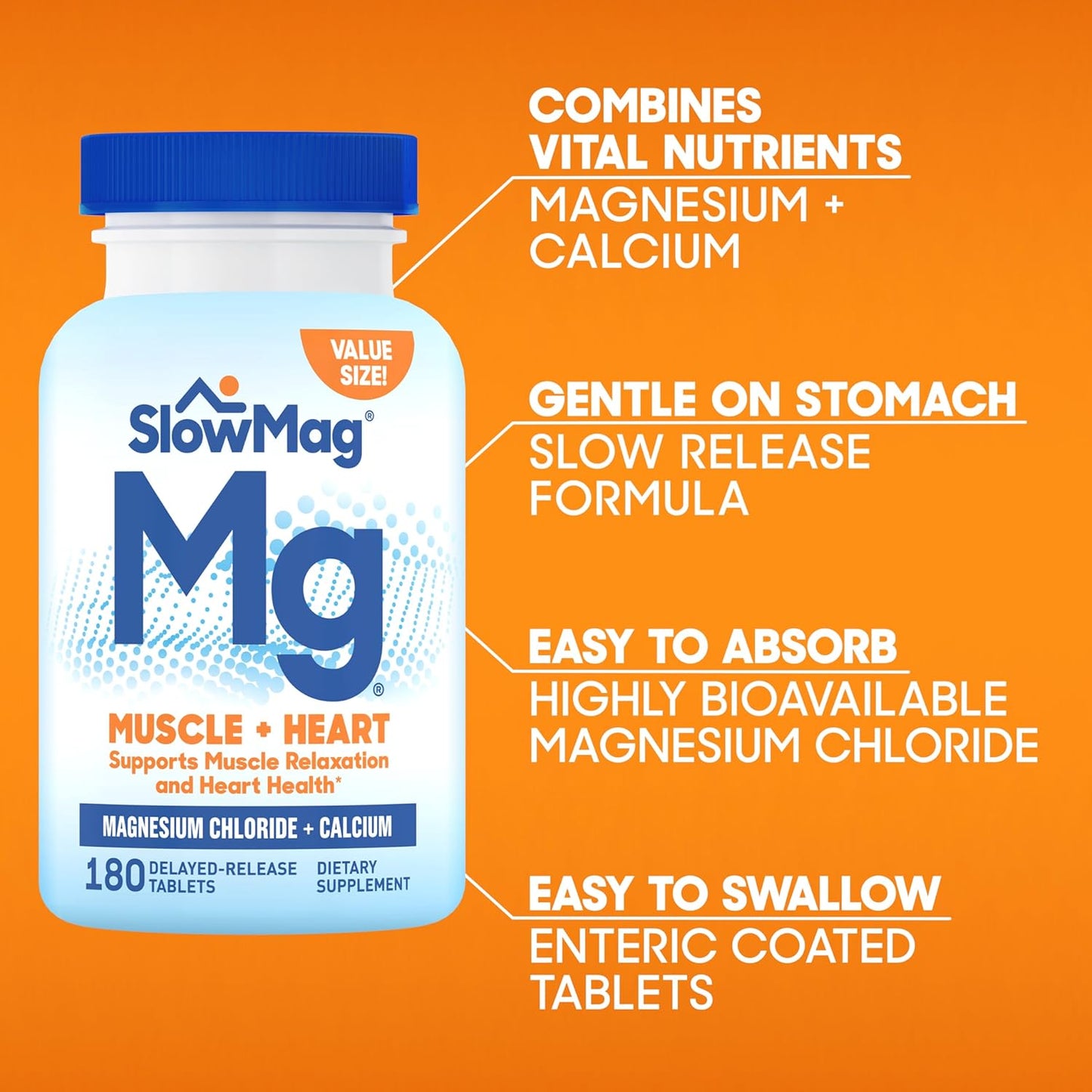 High Absorption SlowMag Muscle & Heart Magnesium Chloride with Calcium Supplement - 180 Count for Muscle Relaxation & Heart Health